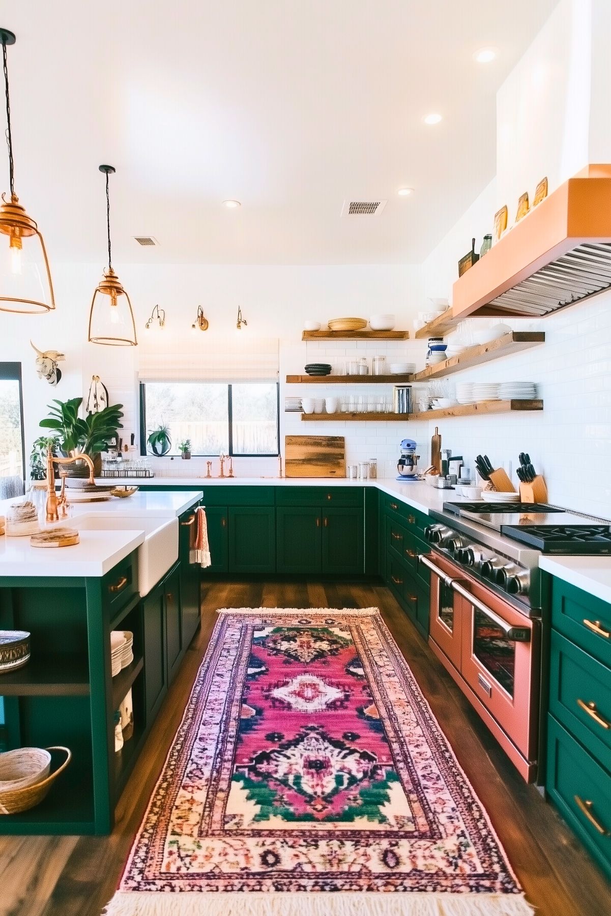 A bright, eclectic kitchen featuring dark green cabinets and a vibrant, patterned runner rug that adds a pop of color to the space. The kitchen island has a white countertop and a farmhouse sink with copper fixtures, complementing the warm tones of the copper accents throughout. Open wooden shelves display dishware, while pendant lights with exposed bulbs hang above the island. The stove has a striking pink range hood, creating a unique contrast with the dark green cabinetry. The combination of bold colors and natural materials gives the kitchen a lively and creative atmosphere.