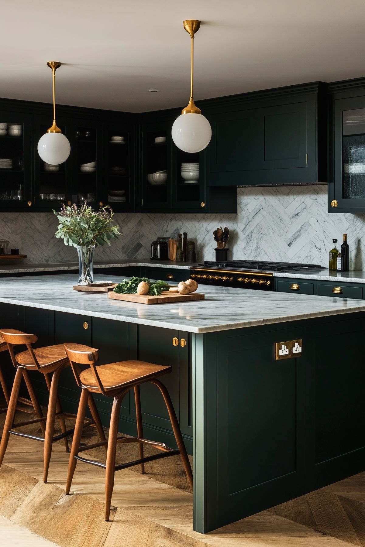 A sophisticated kitchen with dark green cabinets, a large marble island, and elegant brass accents. The island features wooden barstools with a mid-century modern design, adding warmth to the space. Two globe-shaped pendant lights with brass fixtures hang above the island, complementing the brass hardware on the cabinets. The backsplash and countertops are made of white marble with subtle veining, providing a clean and luxurious look. A vase with fresh greenery adds a natural touch, balancing the sleek and refined atmosphere of the room.