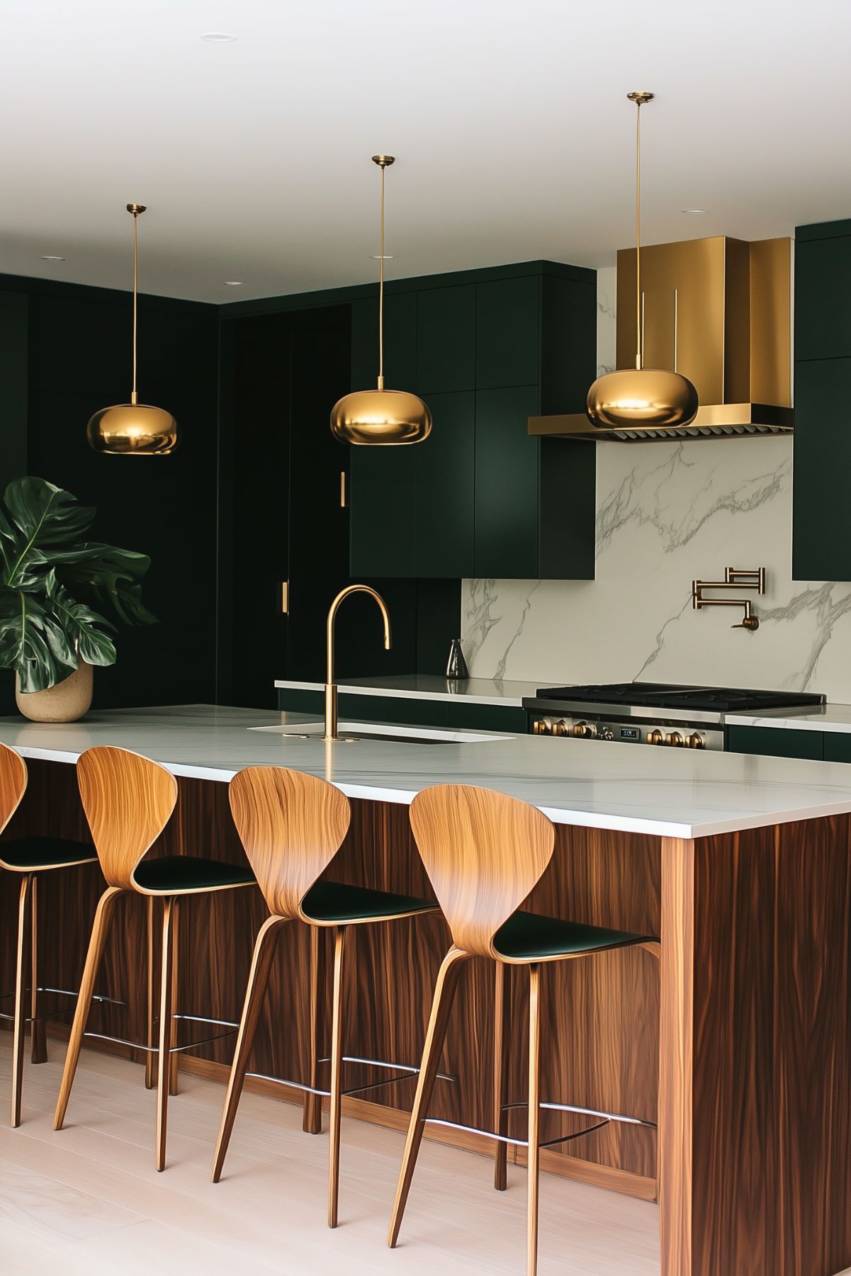 A sleek, modern kitchen with dark green cabinets, gold pendant lights, and a minimalist design. The kitchen island features a marble countertop and elegant wooden barstools with curved backs. The backdrop includes a marble backsplash and a gold range hood, adding a luxurious touch to the space. A gold faucet on the island adds to the refined look, while a large potted plant introduces a natural element to the room. The overall design is a striking blend of dark green, gold, and natural wood, creating a sophisticated and contemporary atmosphere.






