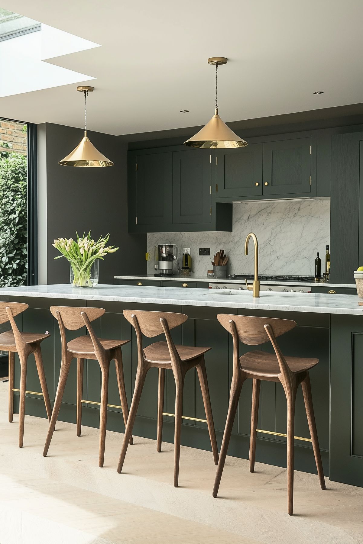 A modern kitchen with dark green cabinets and a large marble island, featuring sleek brass fixtures and hardware. The island is paired with elegant wooden barstools that have a minimalist, sculptural design. Above the island, two brass pendant lights add a touch of warmth and sophistication. The marble backsplash and countertops provide a luxurious contrast to the dark cabinetry. Natural light floods the space from a large window, and a vase of white tulips adds a fresh, organic element to the clean, contemporary design.