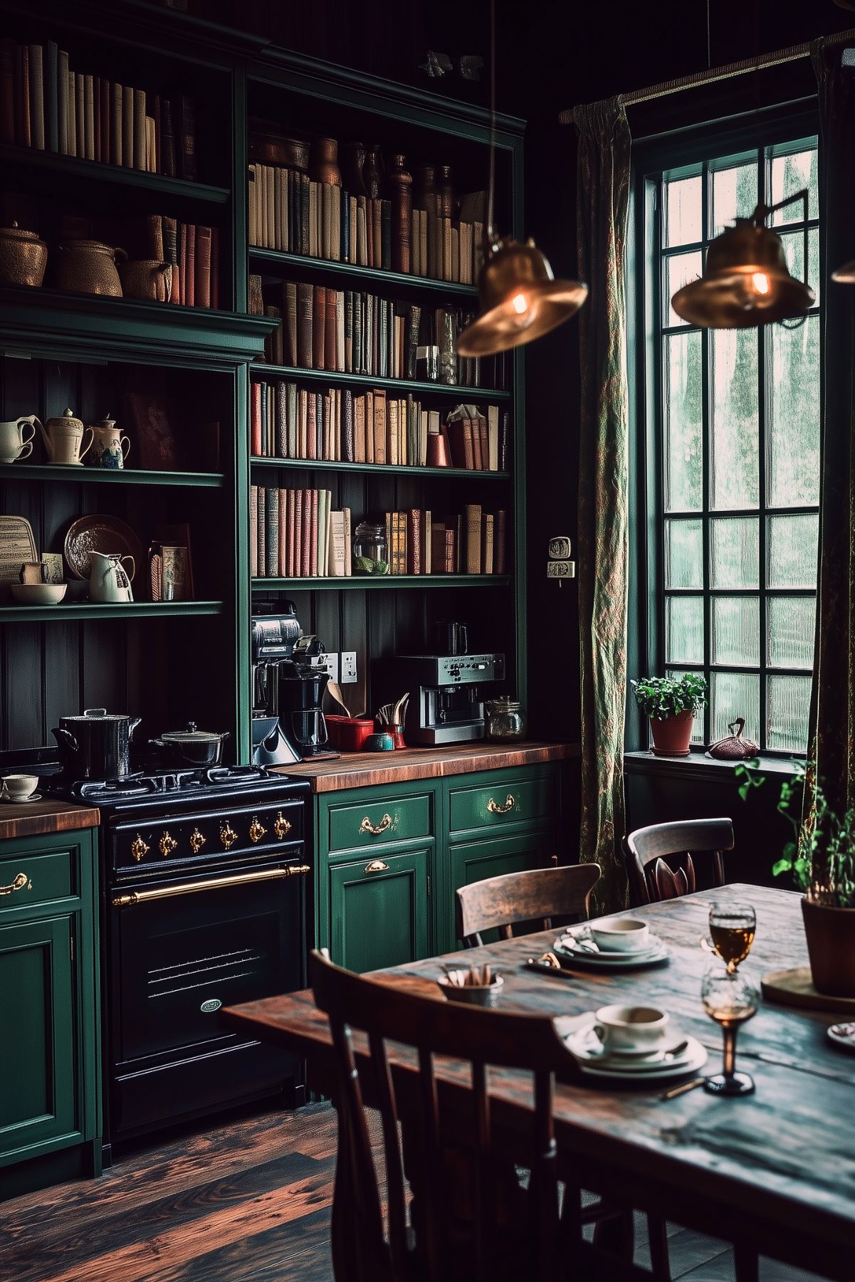 A cozy and eclectic kitchen featuring dark green cabinets with brass hardware and a warm wooden countertop. A black vintage-style stove with brass detailing stands out against a backdrop of open shelving filled with books and ceramic decor. The kitchen table is set with dishes and glasses, illuminated by warm pendant lighting. A large window framed with patterned curtains allows natural light to filter in, while potted plants on the windowsill add a touch of greenery. The combination of rich wood tones, green cabinetry, and vintage elements creates a charming, lived-in atmosphere.