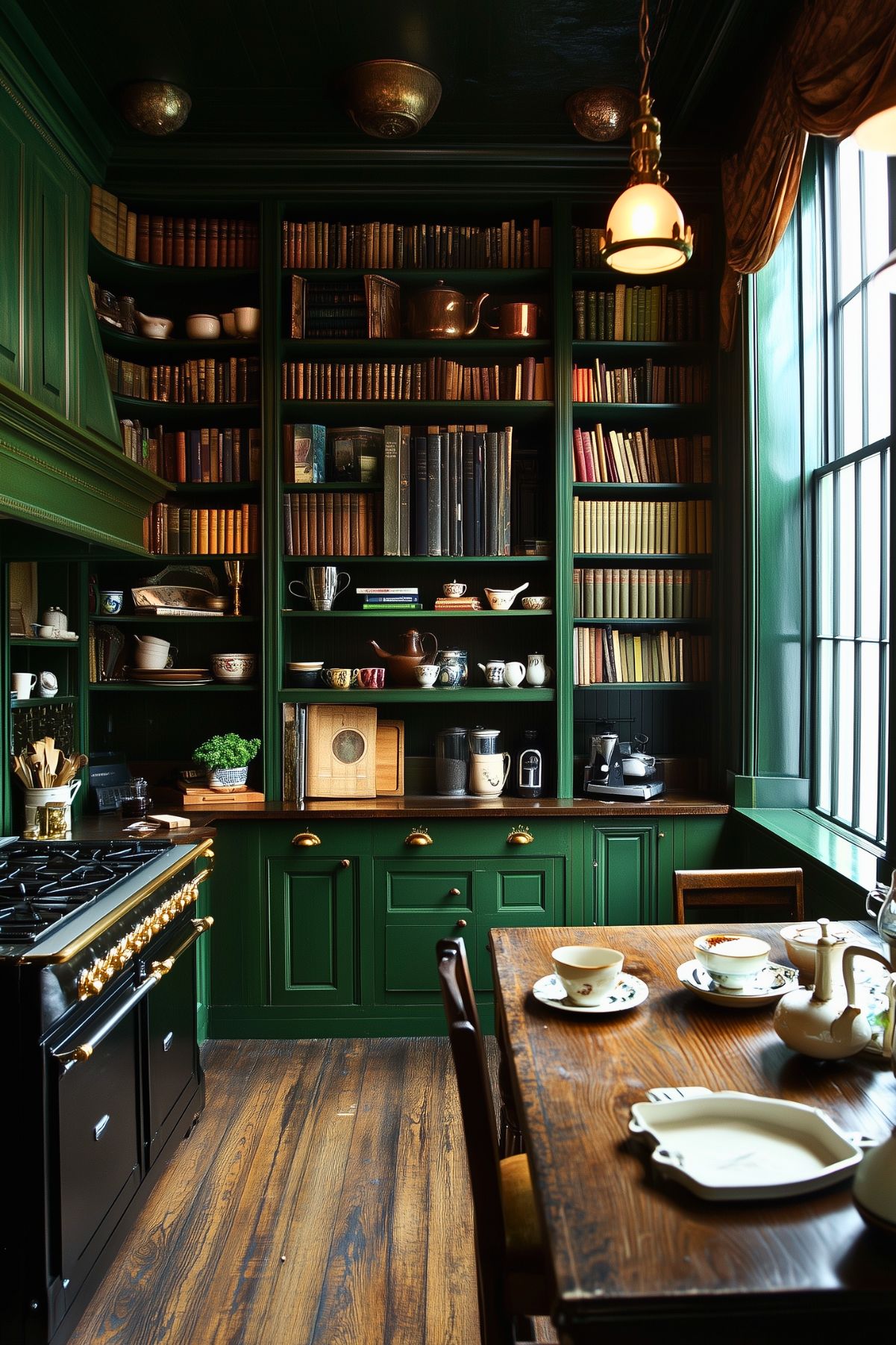 A cozy, vintage-style kitchen with dark green cabinets and shelves filled with books, teapots, and decorative items. The kitchen has a warm, library-like feel with wooden countertops and brass accents on the drawers and hardware. A large black stove with brass detailing adds a luxurious touch, while a wooden dining table is set with tea cups and saucers. Soft lighting from pendant lights and the window enhances the intimate atmosphere. The rich green tones and wooden textures create a warm, inviting space that blends the charm of a study with the functionality of a kitchen.