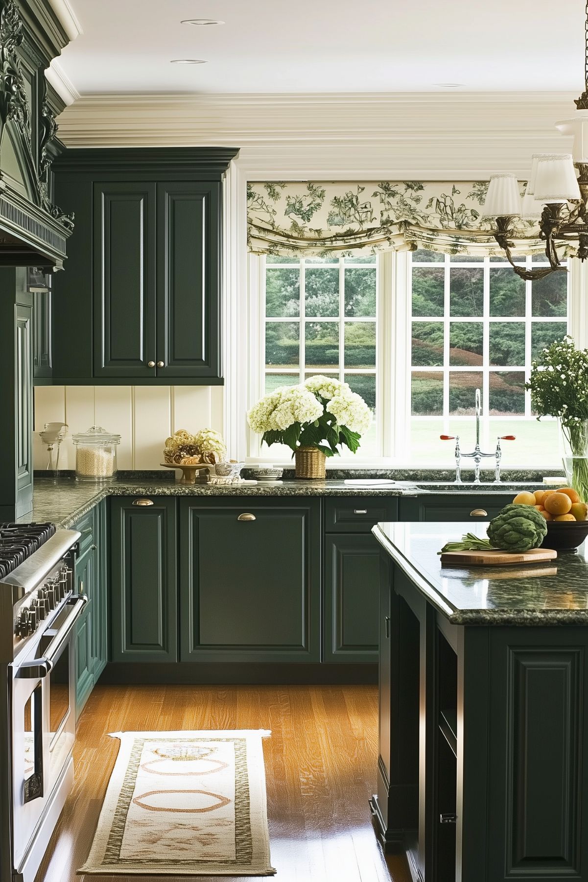 A traditional kitchen with dark green cabinets, a large window with cream and green floral-patterned Roman shades, and a kitchen island with a marble countertop. The hardwood floors add warmth to the space, and fresh flowers and fruits are arranged on the counters, creating a cozy, inviting atmosphere. A decorative light fixture and a patterned runner in front of the stove complete the classic, elegant look of the room.