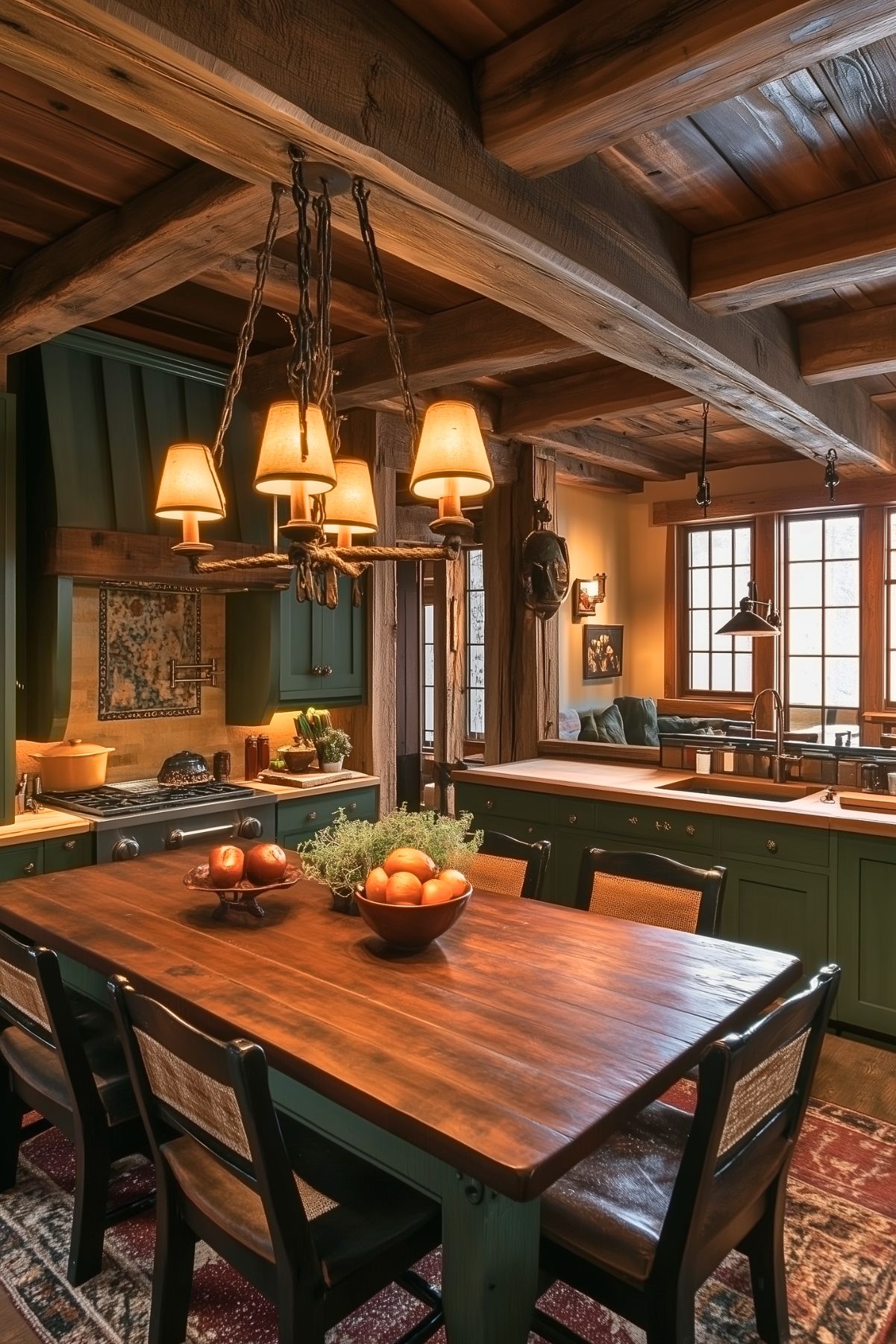 A rustic kitchen with dark green cabinets, a wooden dining table, and exposed wooden beams creating a cozy, cabin-like atmosphere. The warm lighting from the chandelier with fabric shades adds a soft glow to the space. A decorative tile backsplash behind the stove adds character, while bowls of fresh fruit and potted herbs bring natural elements to the table. The combination of wood, dark green cabinetry, and rich textures gives the kitchen a warm, inviting feel with a hint of traditional charm.