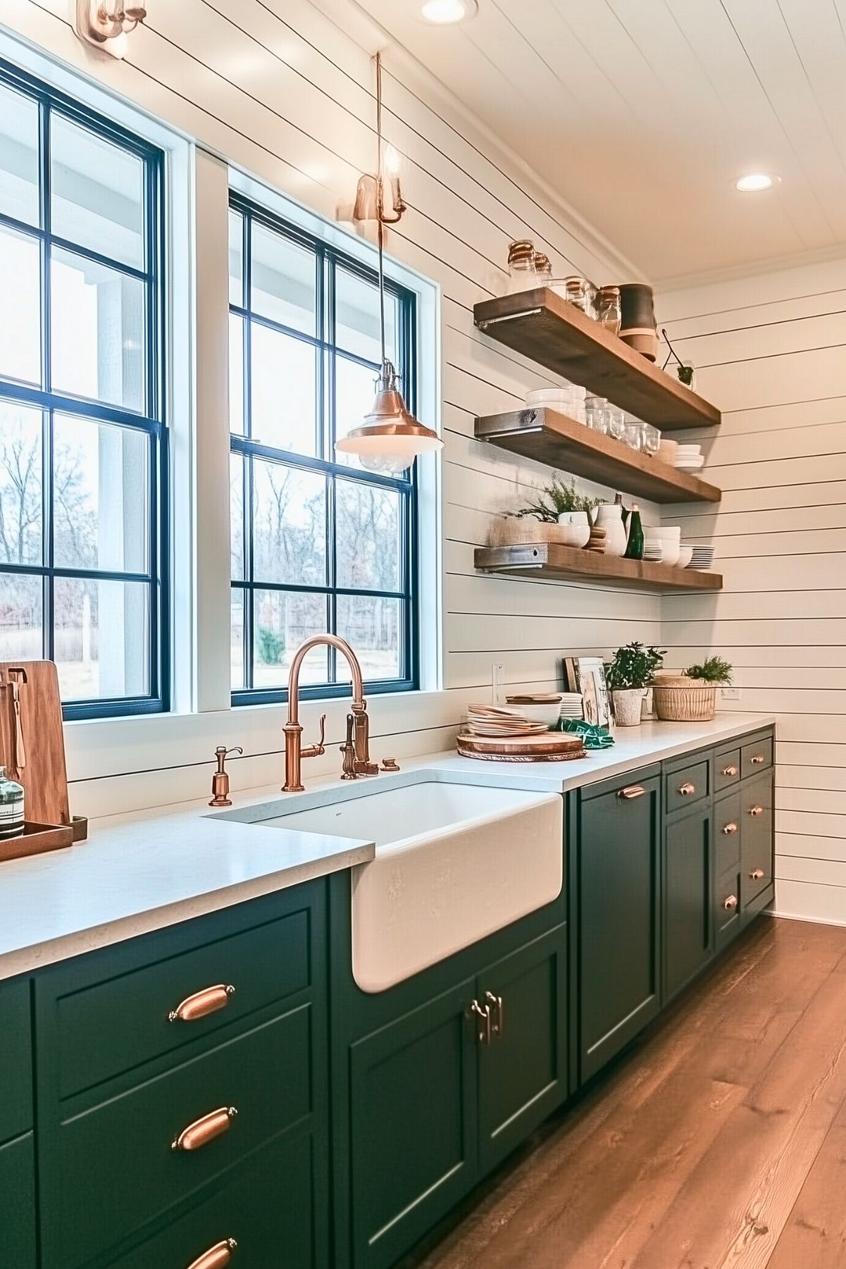 A bright and airy kitchen featuring dark green cabinets with copper hardware, paired with white countertops and a farmhouse sink. The backsplash is white shiplap, adding a rustic touch to the design. Open wooden shelves display dishware and decorative items, while copper pendant lights hang above the sink, complementing the copper faucet and accents. Large windows with black frames allow natural light to flood the space, creating a warm and inviting atmosphere. The combination of dark green cabinetry and copper details gives the kitchen a modern farmhouse charm.