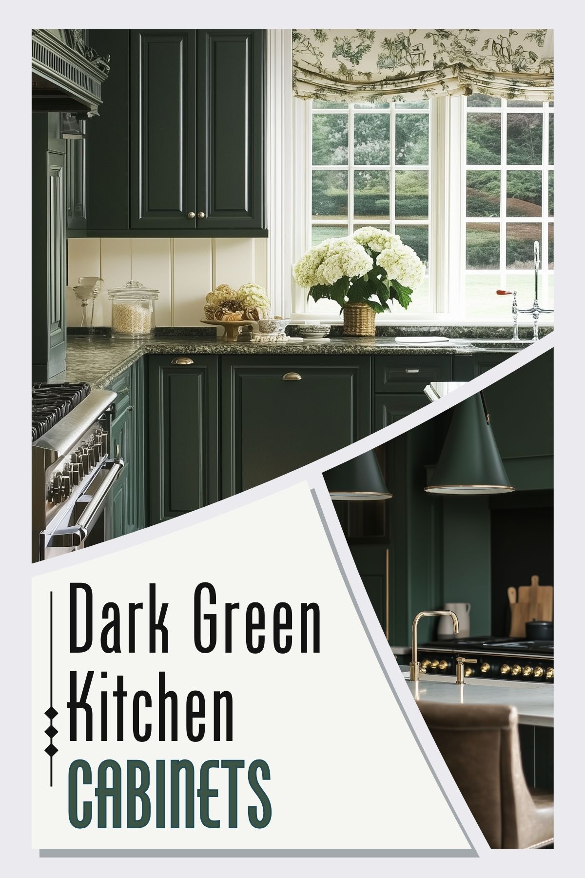 A collage of photos of kitchens with dark green cabinets. The text Dark Green Kitchen Cabinets: on the bottom.