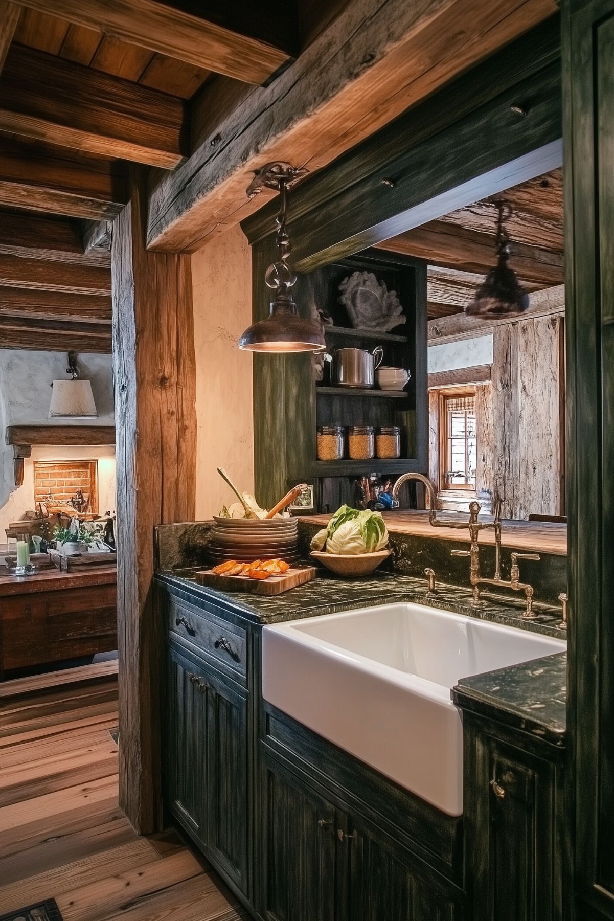 A rustic kitchen with dark green distressed cabinets and a large farmhouse sink, surrounded by exposed wooden beams and warm lighting. The countertops are made of dark stone, and open shelving displays dishes, jars, and kitchen essentials. A pendant light hangs above the sink, casting a soft glow over the workspace. Fresh vegetables and bowls are arranged on the countertop, adding a homely touch. The combination of rough wood, dark green cabinetry, and antique brass fixtures gives the kitchen a cozy, cabin-like feel.