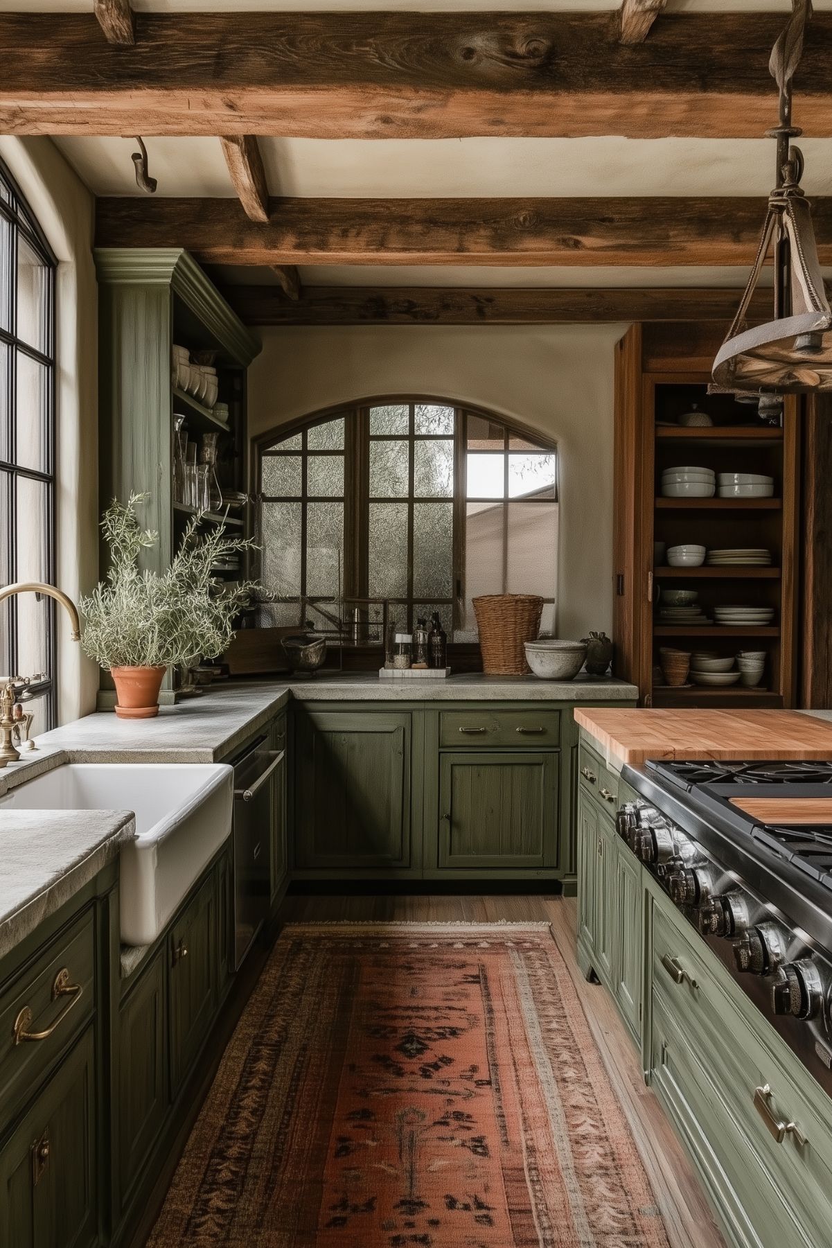 A charming rustic kitchen with dark green cabinets, a farmhouse sink, and wooden beams across the ceiling. The space features an earthy, textured aesthetic with a warm-toned rug, a butcher block island, and open shelving. Large windows provide natural light, and potted greenery adds a fresh touch to the vintage-inspired design.