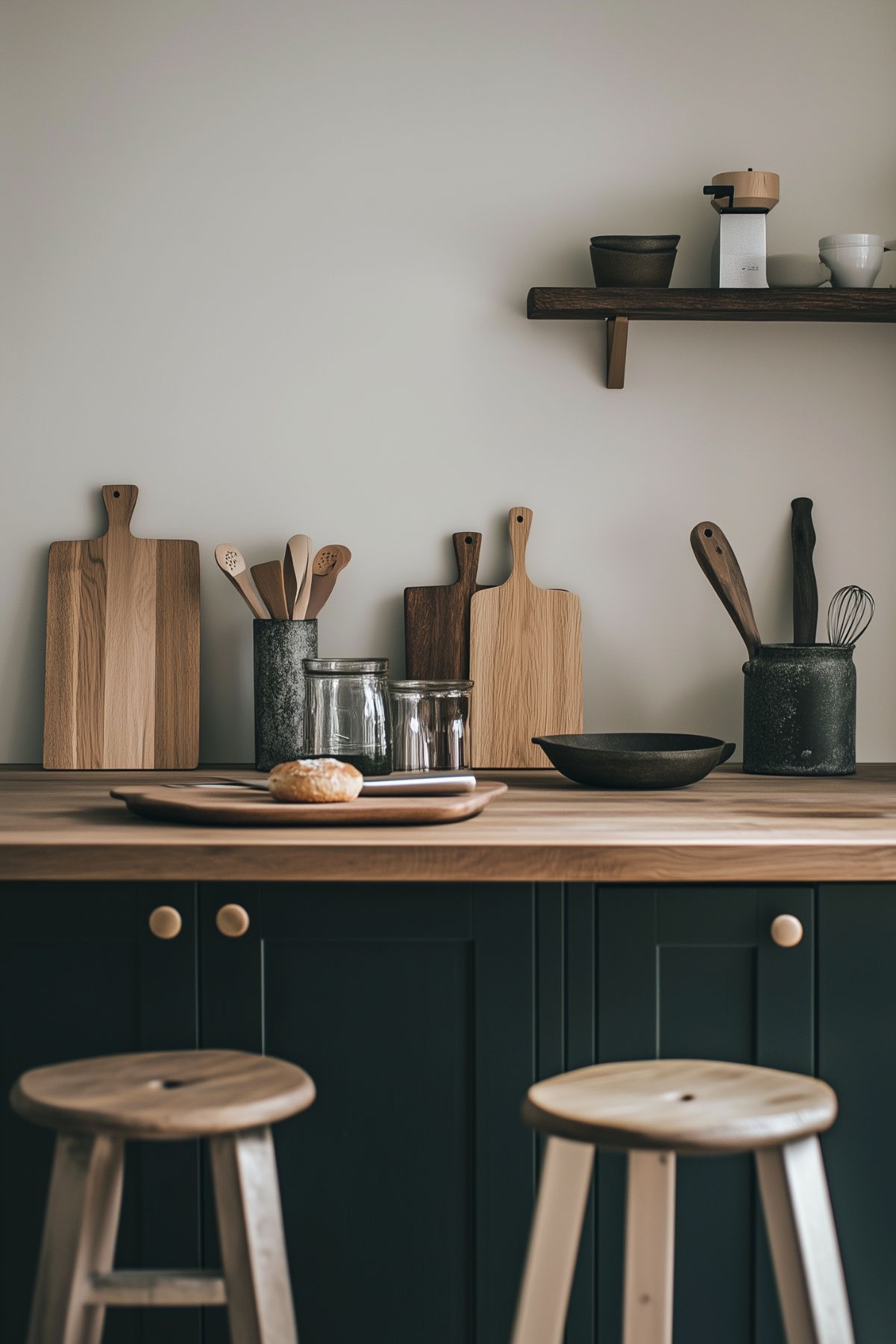 A minimalist kitchen with dark green cabinets and light wood countertops, featuring a simple yet elegant setup of wooden cutting boards and kitchen utensils. A pair of wooden stools complement the natural tones of the space. The countertops are decorated with glass jars and a small black bowl, adding a touch of rustic charm. An open wooden shelf above holds additional kitchen items, keeping the aesthetic clean and uncluttered. The neutral palette of dark green and light wood creates a calm, earthy atmosphere in this cozy kitchen space.