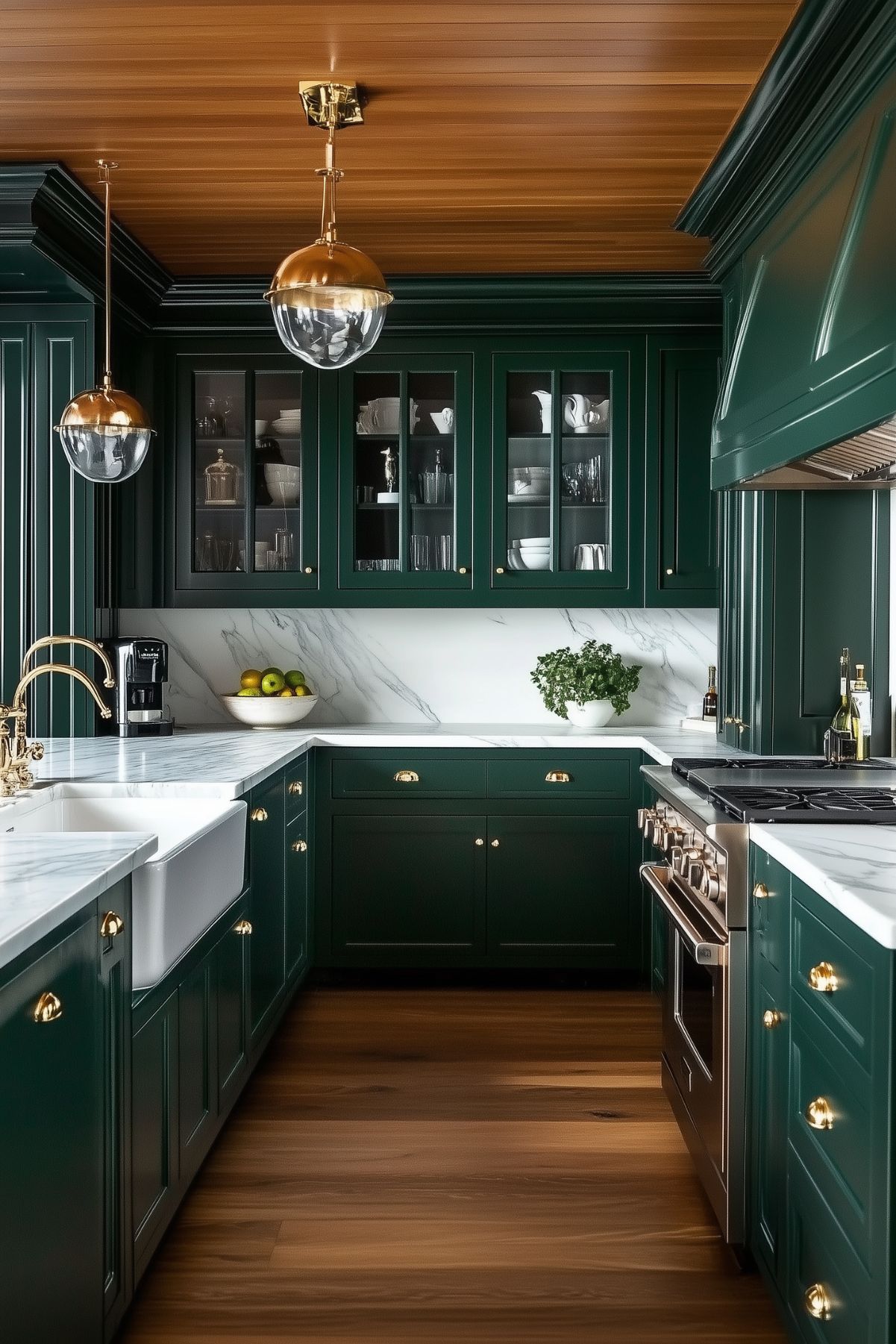 A luxurious kitchen featuring dark green cabinets with brass hardware, a white marble countertop, and backsplash. The kitchen has a farmhouse sink with a brass faucet, and glass-front cabinets displaying elegant dishware. The wood-paneled ceiling adds warmth to the space, while globe-shaped pendant lights with brass accents illuminate the room. The dark green cabinetry contrasts beautifully with the white marble surfaces, creating a rich and sophisticated atmosphere. The sleek stainless steel range adds a modern touch to this classic and elegant kitchen design.