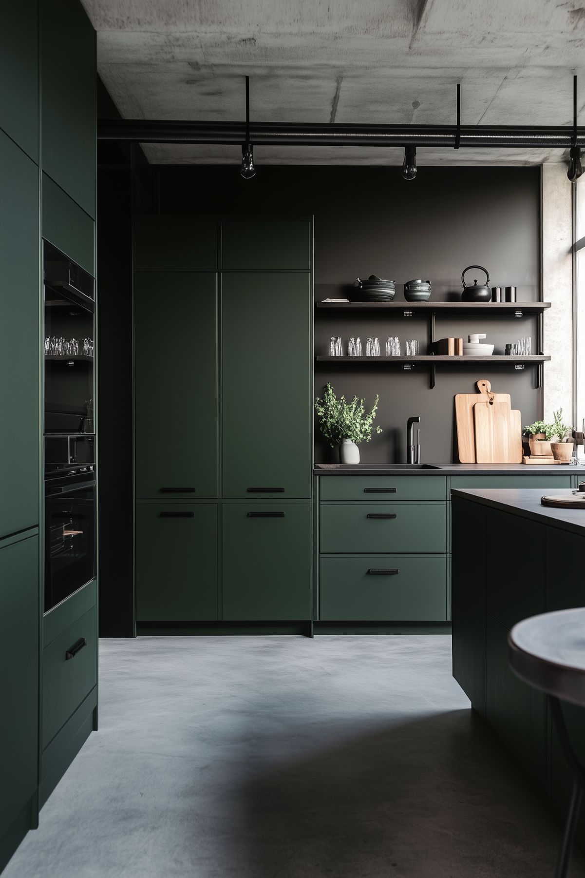 A sleek, modern kitchen with dark green cabinets, black hardware, and open shelving. The minimalist design is complemented by concrete flooring and exposed ceiling beams, giving the space an industrial feel. Natural light flows through large windows, highlighting the clean lines and simplicity of the kitchen, while wooden cutting boards and potted plants soften the overall look.