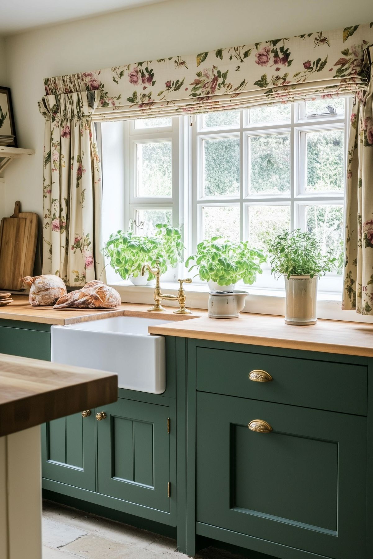 A charming kitchen featuring dark green cabinets with brass hardware and light wood countertops. A large farmhouse sink with a brass faucet is centered under a wide window adorned with floral-patterned curtains. Fresh herbs in ceramic pots line the windowsill, and loaves of bread rest on the countertop, adding a homey touch. The soft natural light, combined with the floral accents and greenery, creates a cozy, country-inspired atmosphere that is both inviting and elegant.