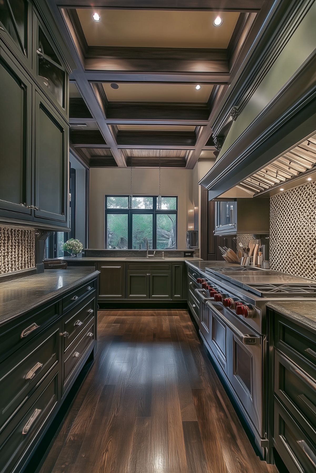 A sophisticated kitchen with dark green cabinetry, a coffered ceiling, and rich wood flooring. The stainless steel appliances and sleek countertops add a modern touch, while the detailed backsplash provides a textured focal point. The kitchen features a spacious layout with ample storage and professional-grade cooking equipment, creating a luxurious and functional space.