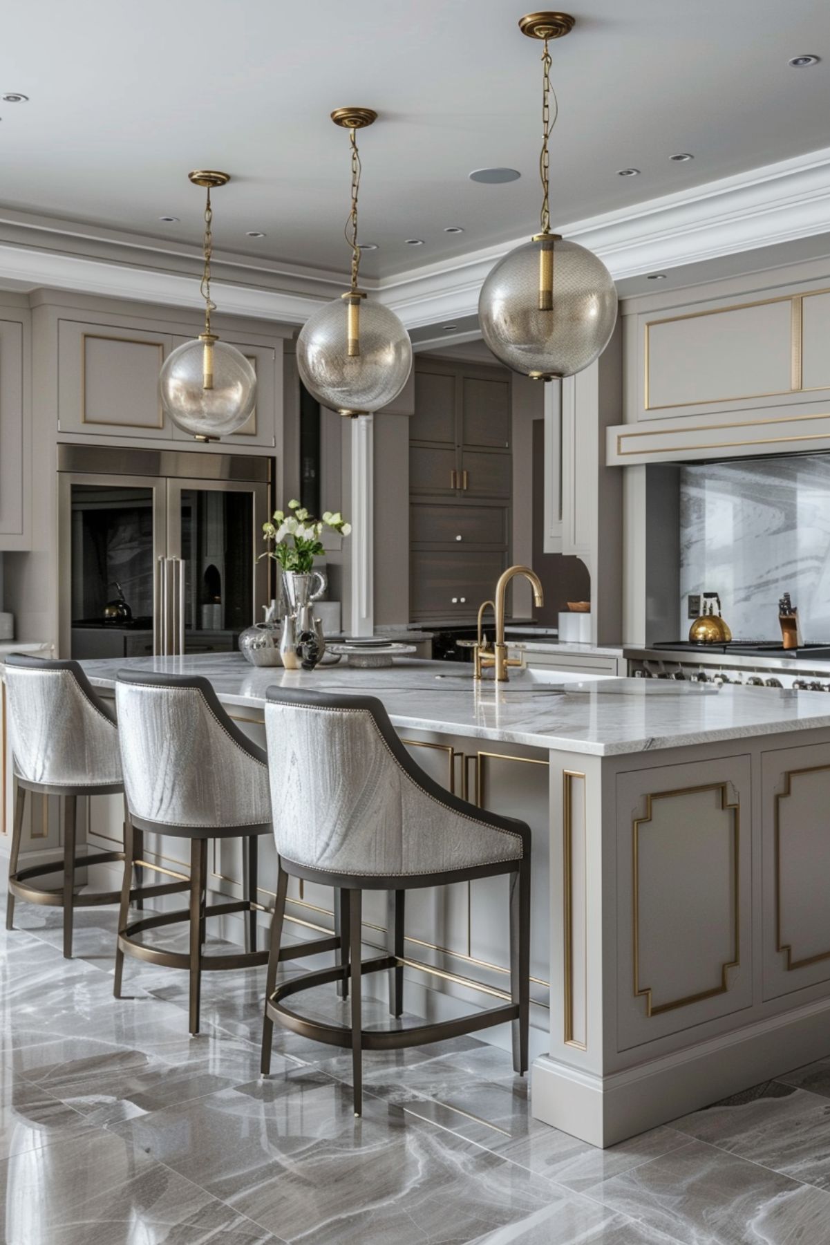 Luxurious kitchen with a greige island, marble countertop, elegant gold accents, and tufted upholstered stools. Large glass globe pendant lights and a polished marble floor add to the opulent, sophisticated ambiance.