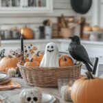 A Halloween-themed kitchen table with a wicker basket holding pumpkins, a smiling ghost figurine, and a black crow. The table is decorated with skull plates, orange plaid napkins, and black candles, creating a cozy spooky vibe.