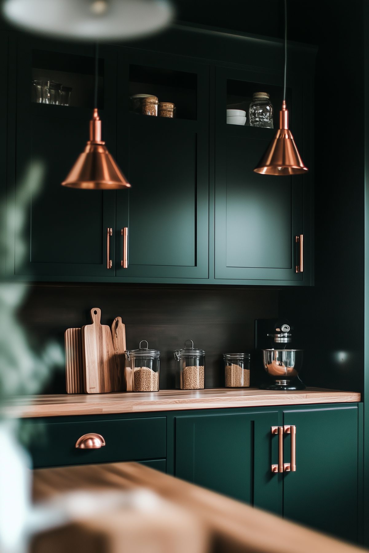 A modern kitchen featuring dark green cabinets with copper hardware and light wood countertops. The space is illuminated by sleek copper pendant lights, adding warmth and contrast to the dark cabinetry. Clear glass jars filled with dry ingredients sit on the counter alongside wooden cutting boards, while a stand mixer is tucked into the corner, offering a touch of practicality. The combination of dark green, copper accents, and natural wood creates a stylish and contemporary design.