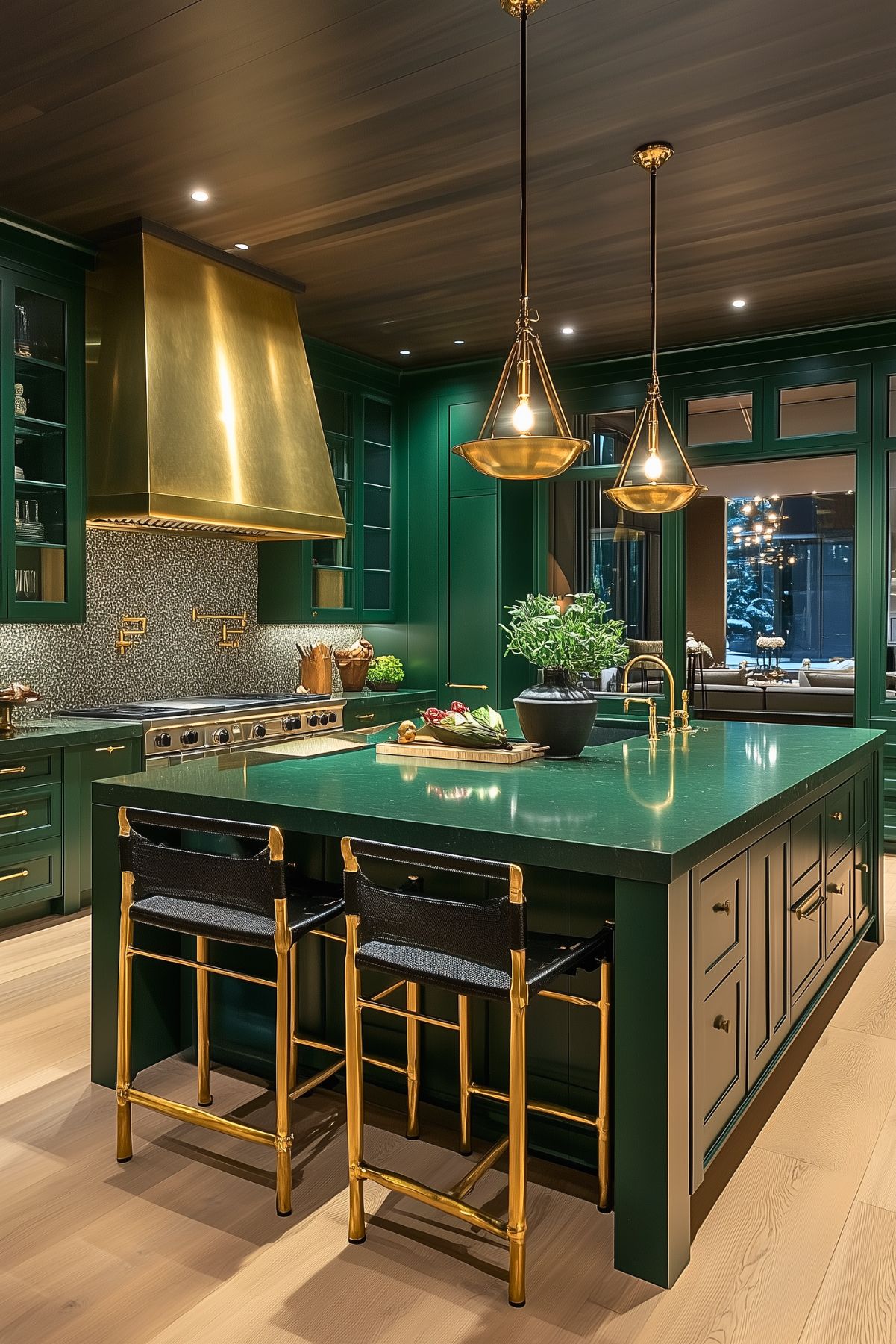 A luxurious kitchen with deep green cabinets and gold accents, including a large brass range hood and pendant lights over the island. The kitchen island, with a matching green countertop, features sleek cabinetry and brass hardware. Black barstools with gold frames add a stylish contrast, while decorative lighting enhances the sophisticated ambiance. The space combines rich textures, with the metallic finishes and green cabinetry creating an opulent, modern aesthetic. Fresh herbs on the island provide a natural touch in the refined space.