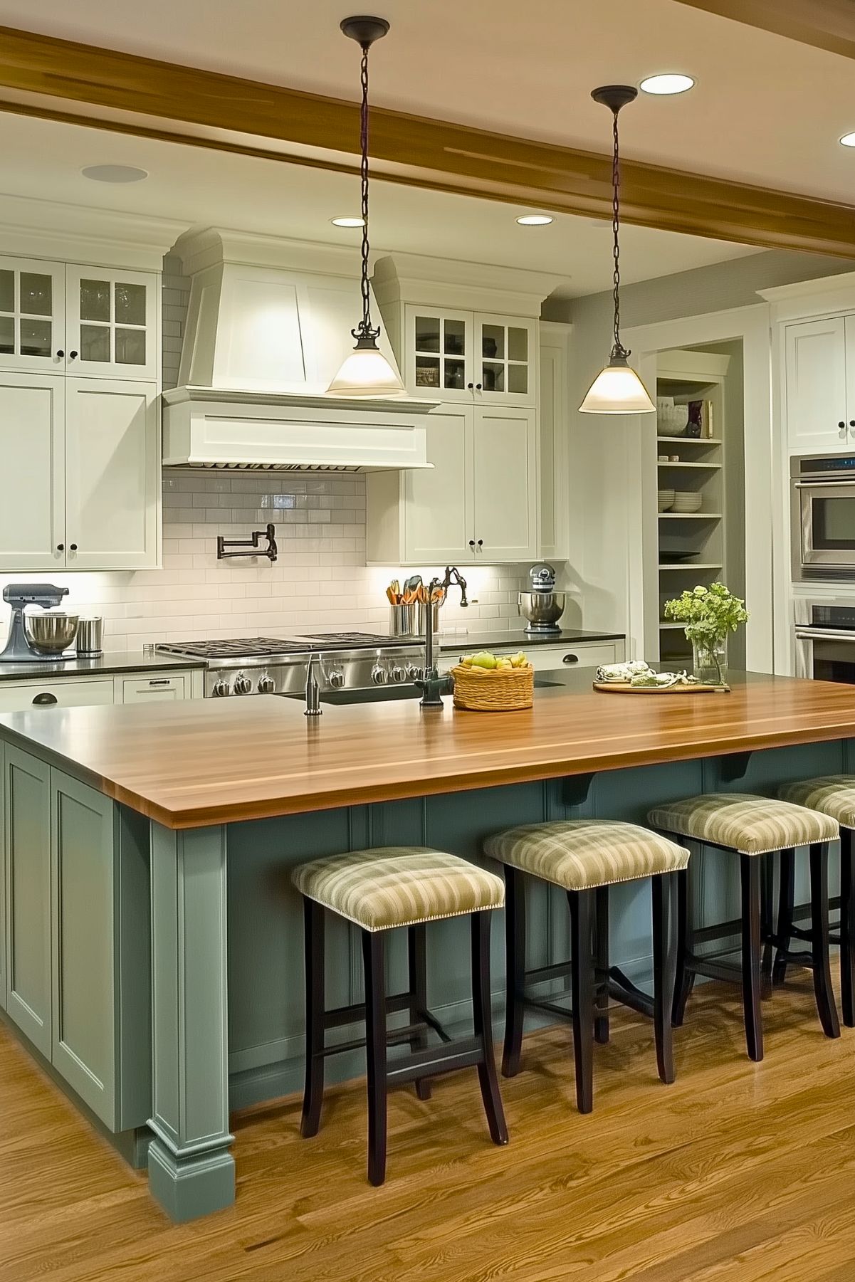 Traditional kitchen with a large green island, wooden countertop, plaid upholstered bar stools, white cabinetry, and pendant lighting over the island.