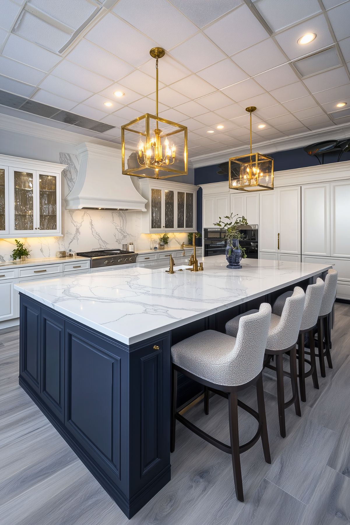 Modern kitchen with a large navy island, white marble countertop, textured upholstered bar stools, gold cube pendant lighting, and white cabinetry with glass-paneled doors.