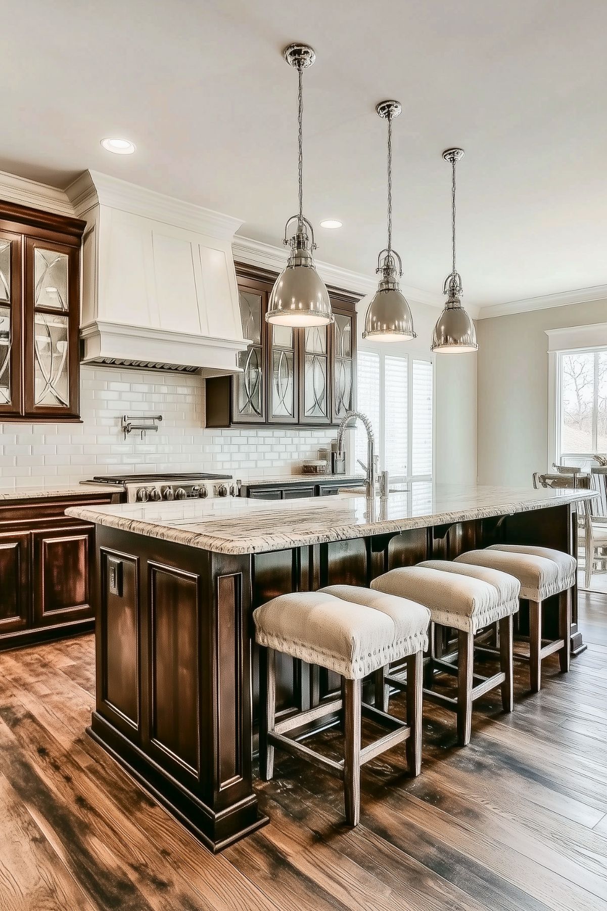 Dark wood kitchen island with upholstered stools, marble countertop, pendant lighting, and matching dark cabinetry in a spacious kitchen.