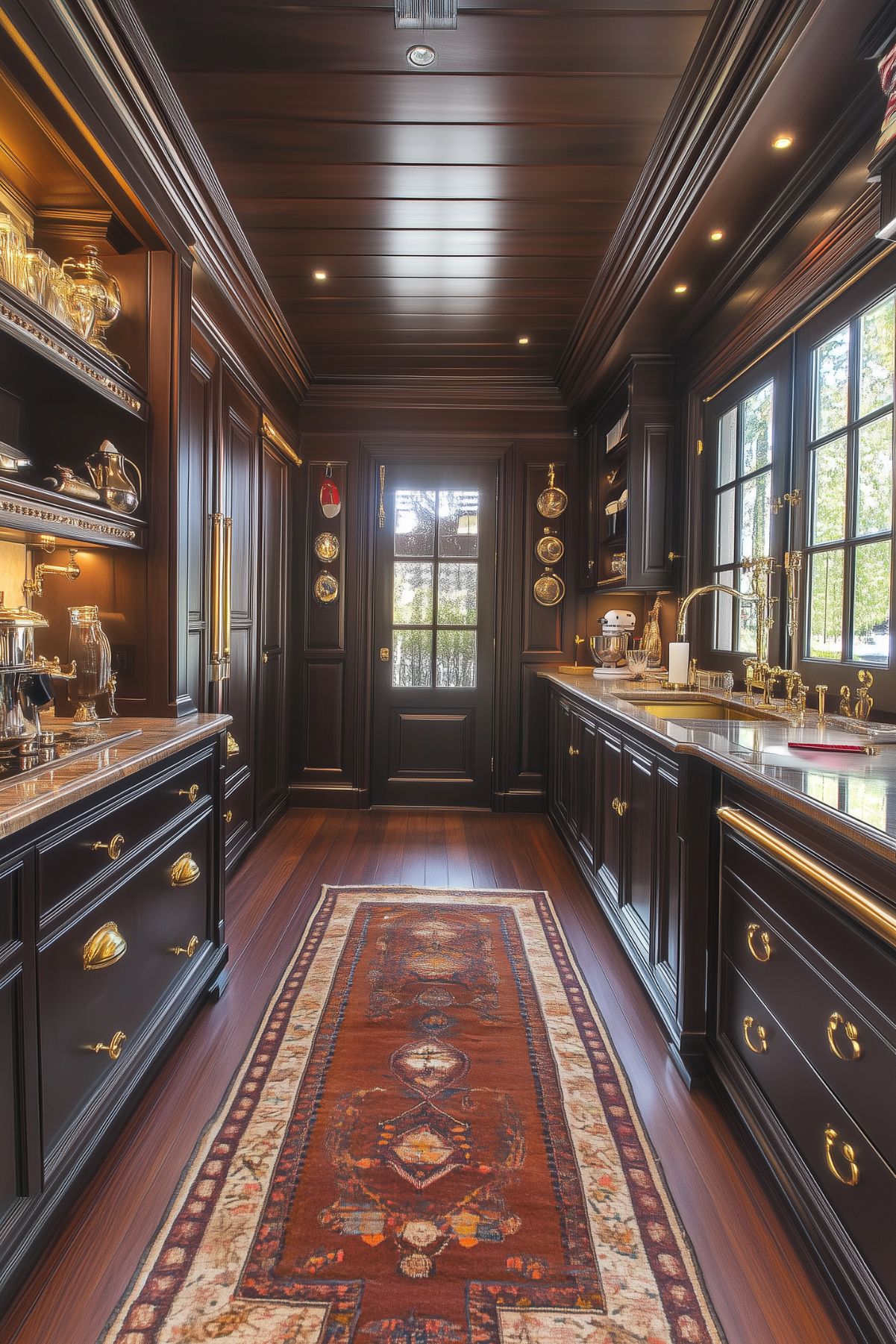 Luxurious galley-style kitchen with dark brown cabinetry, brass hardware, rich wood floors, and a Persian-style runner. Natural light flows through large windows, highlighting the elegant decor and detailed finishes.