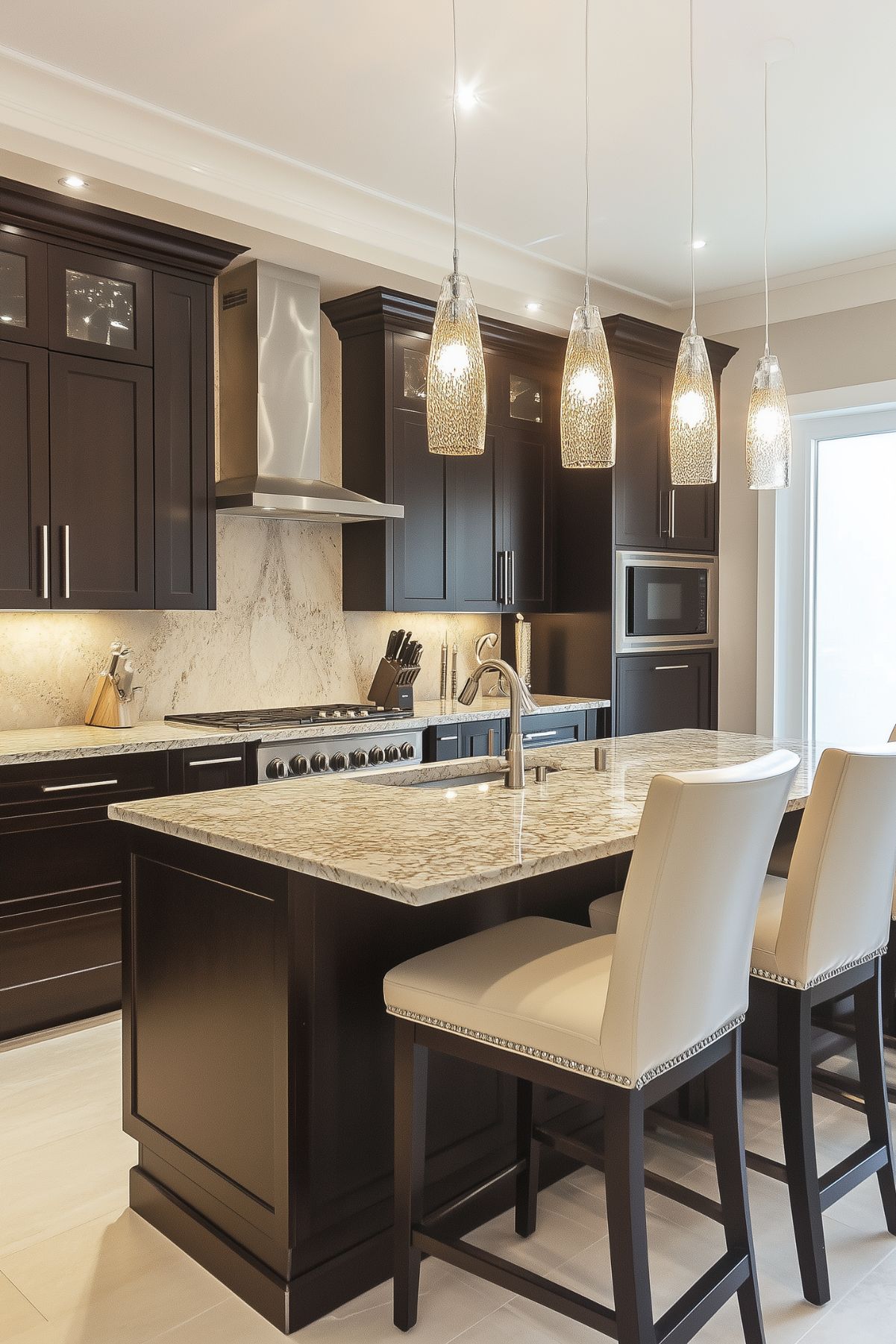 Modern kitchen with dark brown cabinets, light granite countertops, stainless steel appliances, and three pendant lights over the island with white chairs.