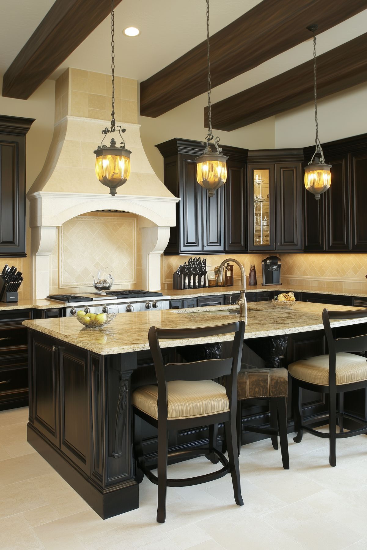 Traditional kitchen with dark brown cabinets, light granite countertops, and a large stone range hood. The space features exposed wooden ceiling beams, pendant lighting, and a spacious island with seating, creating a warm and inviting atmosphere.