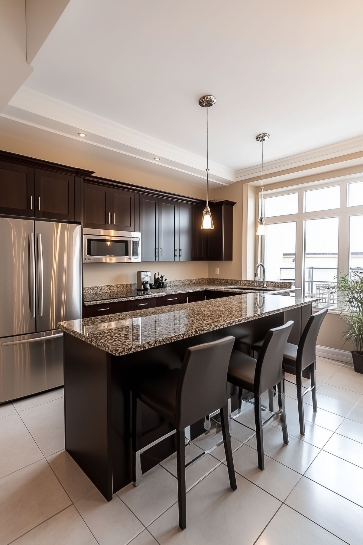 Modern kitchen with dark brown cabinets, granite countertops, stainless steel appliances, and pendant lighting over a large island with sleek black barstools. The large windows allow natural light to brighten the space.