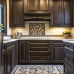 Traditional kitchen with dark brown cabinets, detailed molding, a decorative tile backsplash, and intricate patterned floor tiles that add a bold design element to the space.