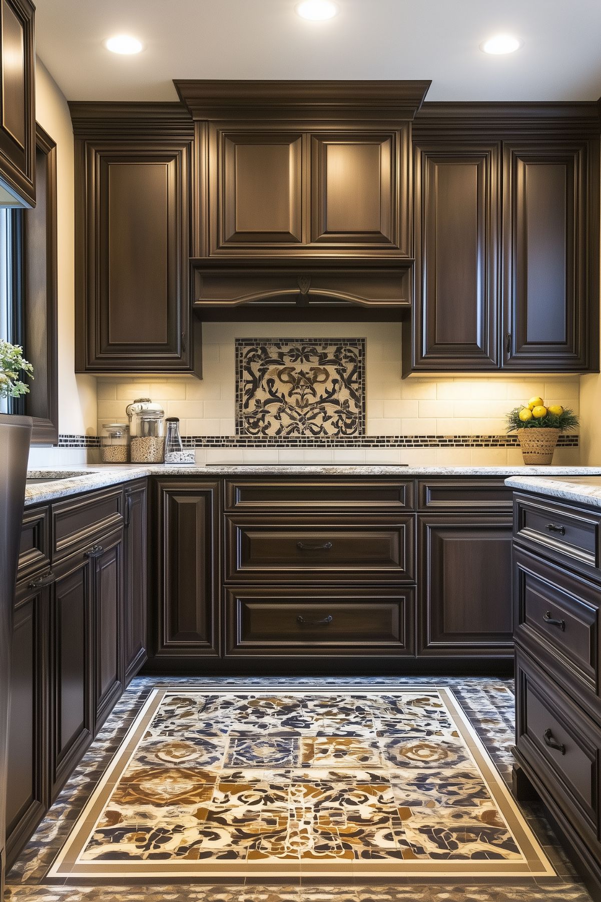 Traditional kitchen with dark brown cabinets, detailed molding, a decorative tile backsplash, and intricate patterned floor tiles that add a bold design element to the space.