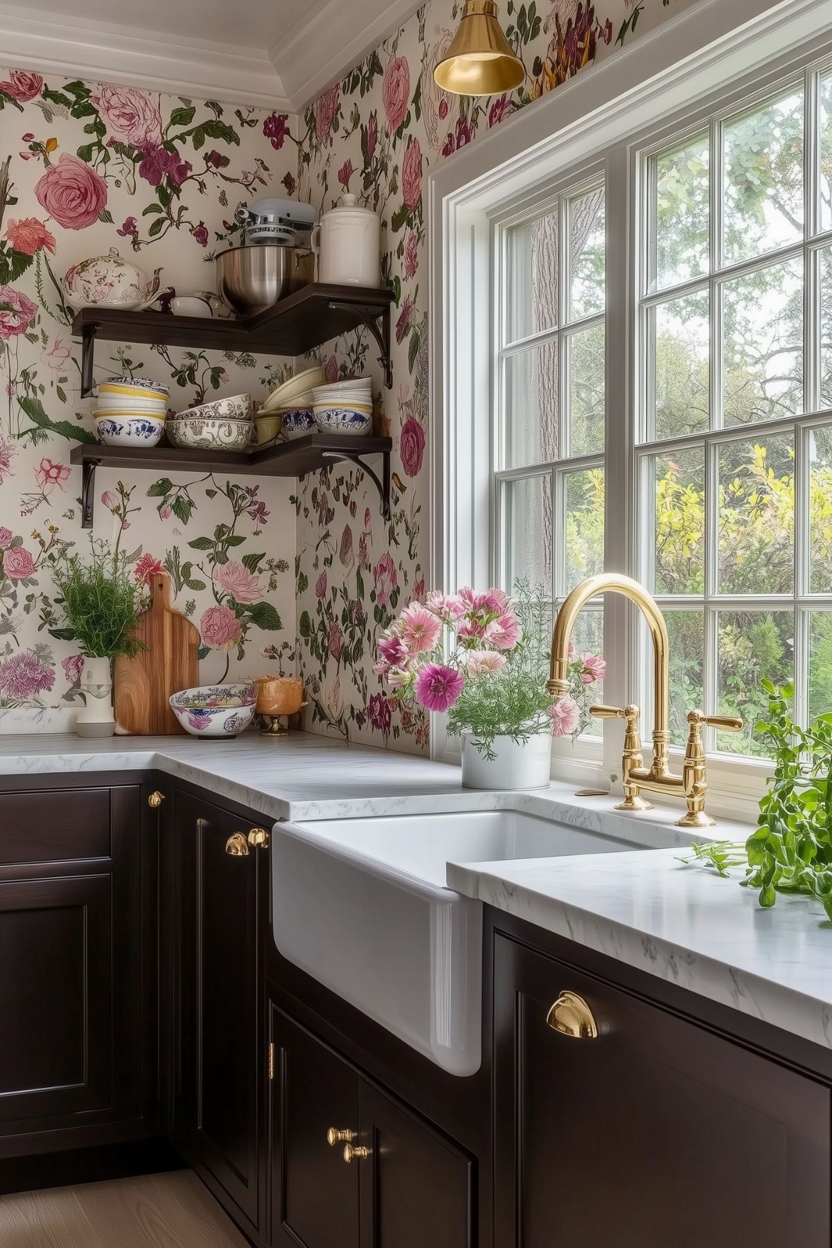 Charming kitchen with dark brown cabinets, floral wallpaper, a white farmhouse sink, and brass fixtures. Open shelving holds colorful dishes, while fresh flowers and herbs near the window add a lively touch to the cozy space.