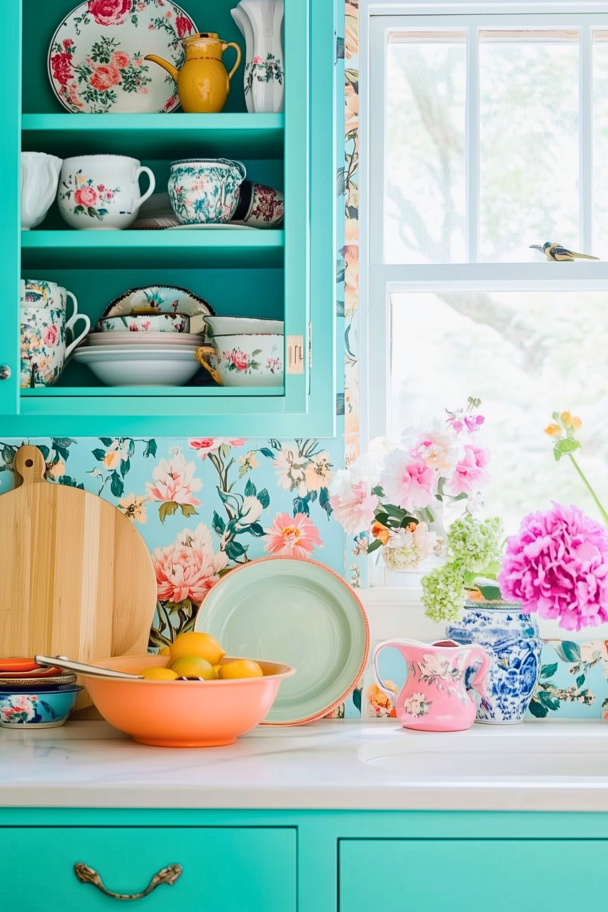 A vibrant kitchen with turquoise cabinets and floral wallpaper, showcasing a collection of colorful dishes and mugs. The open cabinet holds vintage floral-patterned cups and plates. The countertop is decorated with a wooden cutting board, a peach-colored bowl filled with lemons, and pastel plates. Bright flowers in a blue and white vase sit near the window, enhancing the cheerful, kitschy atmosphere. The space is filled with lively patterns and bold colors, creating a playful, retro vibe.