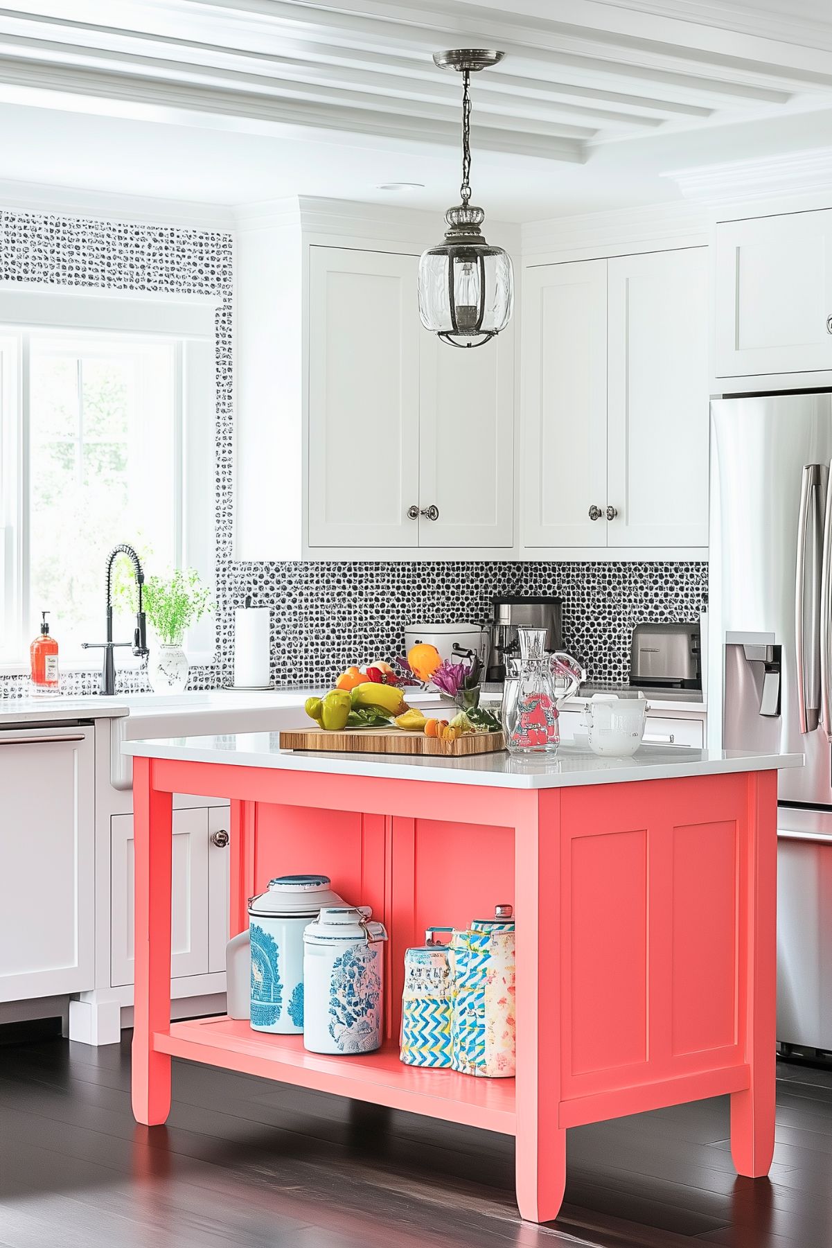 A bright kitchen with a coral-colored island and white countertops. The island features decorative canisters with blue and white patterns on the lower shelf. The surrounding cabinetry is white with a black-and-white mosaic tile backsplash. A silver pendant light hangs above the island, adding a touch of elegance. The countertop is decorated with a tray of fresh vegetables and a glass pitcher, enhancing the clean and vibrant atmosphere of the space. Stainless steel appliances complete the modern look.