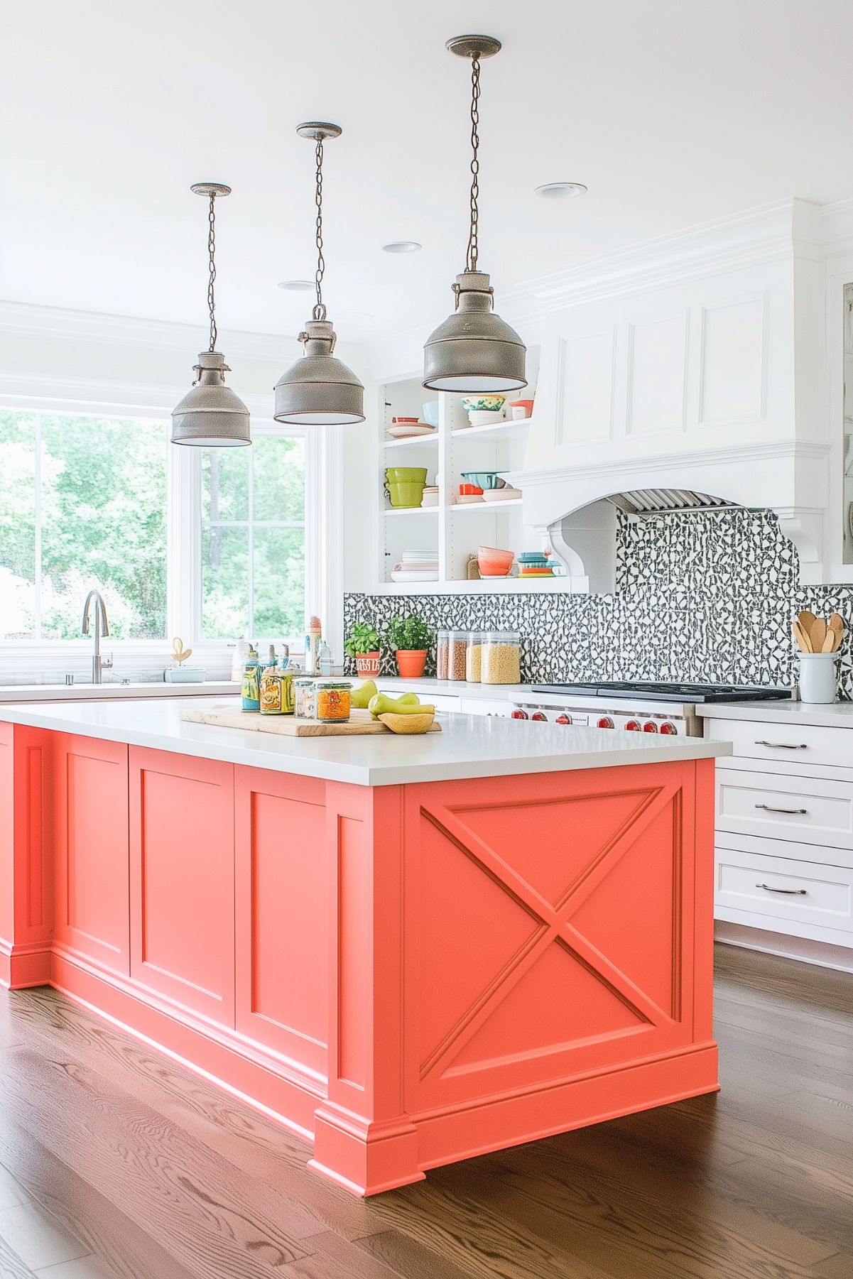 A bright kitchen with a coral island, white countertop, and industrial pendant lights. Open shelves hold colorful dishes, while a black-and-white patterned backsplash adds a playful touch. Large windows provide natural light.