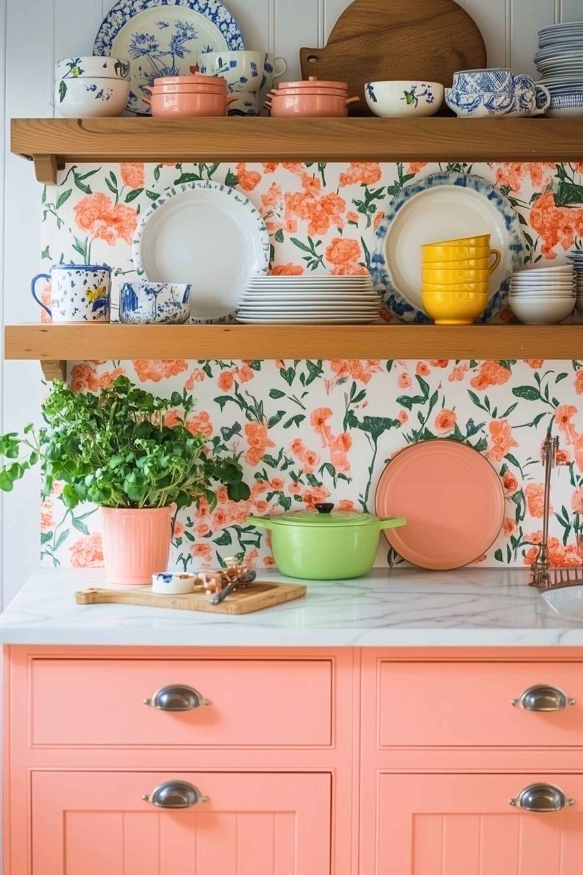 A vibrant kitchen corner featuring coral-colored cabinetry with silver cup pulls. The backsplash is adorned with a floral wallpaper in shades of coral and green, complementing the cabinets. Open wooden shelves above the counter display an eclectic mix of plates, bowls, and mugs, including pops of yellow and blue. A potted herb plant adds a fresh touch to the countertop, which also holds a cutting board and utensils. A green Dutch oven and coral serving platter provide additional pops of color, enhancing the playful, cozy vibe of the space.