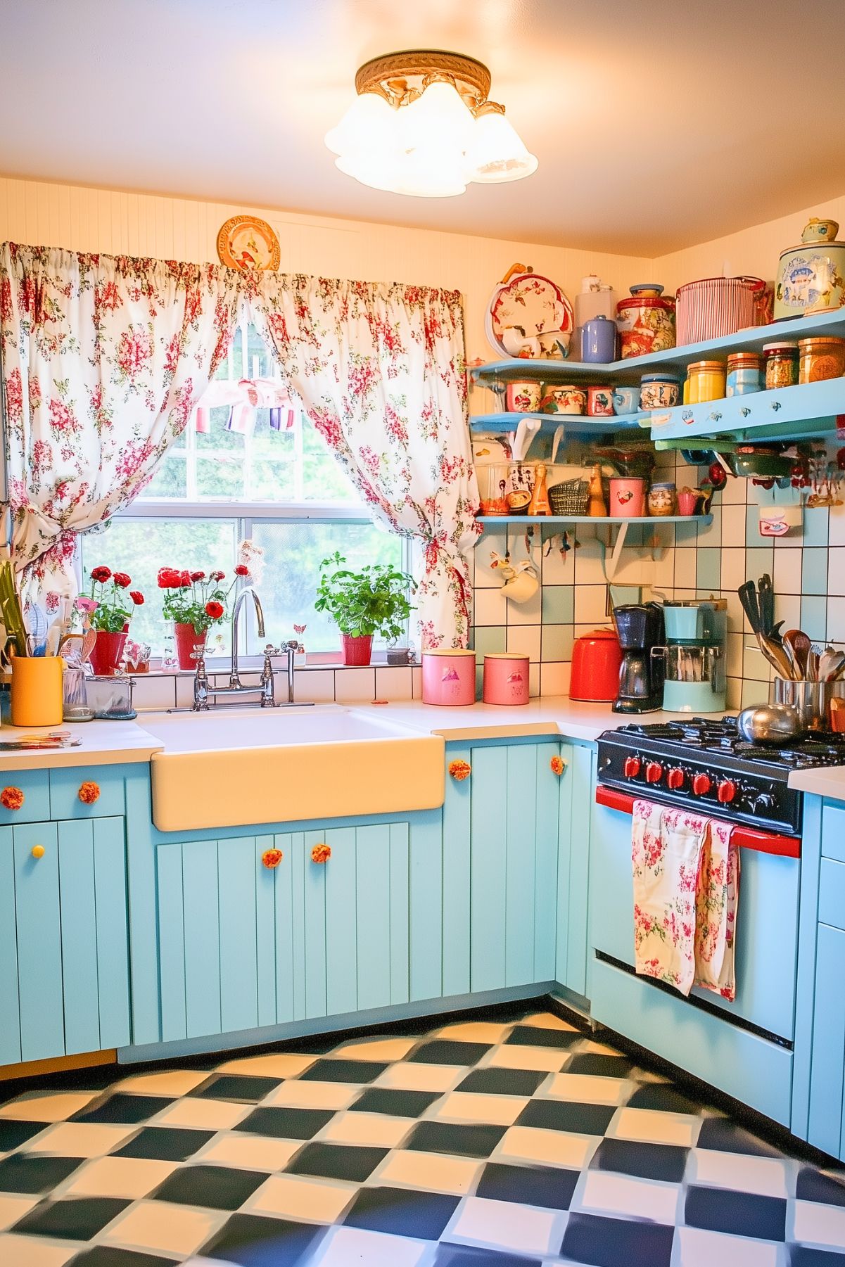 A cozy, vintage-inspired kitchen with light blue cabinets, floral curtains, and checkered flooring. A farmhouse sink sits below a window adorned with potted plants, while open shelves hold colorful mugs and jars. The stove features floral-patterned towels, adding to the playful, kitschy aesthetic.