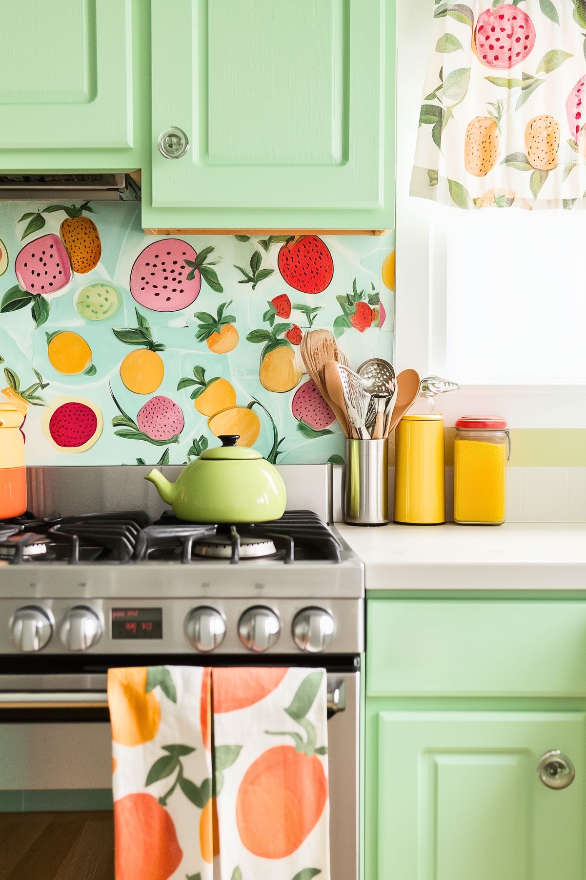 A playful kitchen with mint green cabinets and a colorful fruit-themed backsplash. A green tea kettle sits on the stainless steel stove, while wooden utensils are neatly organized on the counter. Bright yellow containers and a fruit-patterned towel add to the cheerful, kitschy atmosphere. Light pours in through a window, framed by curtains that match the vibrant fruit design.