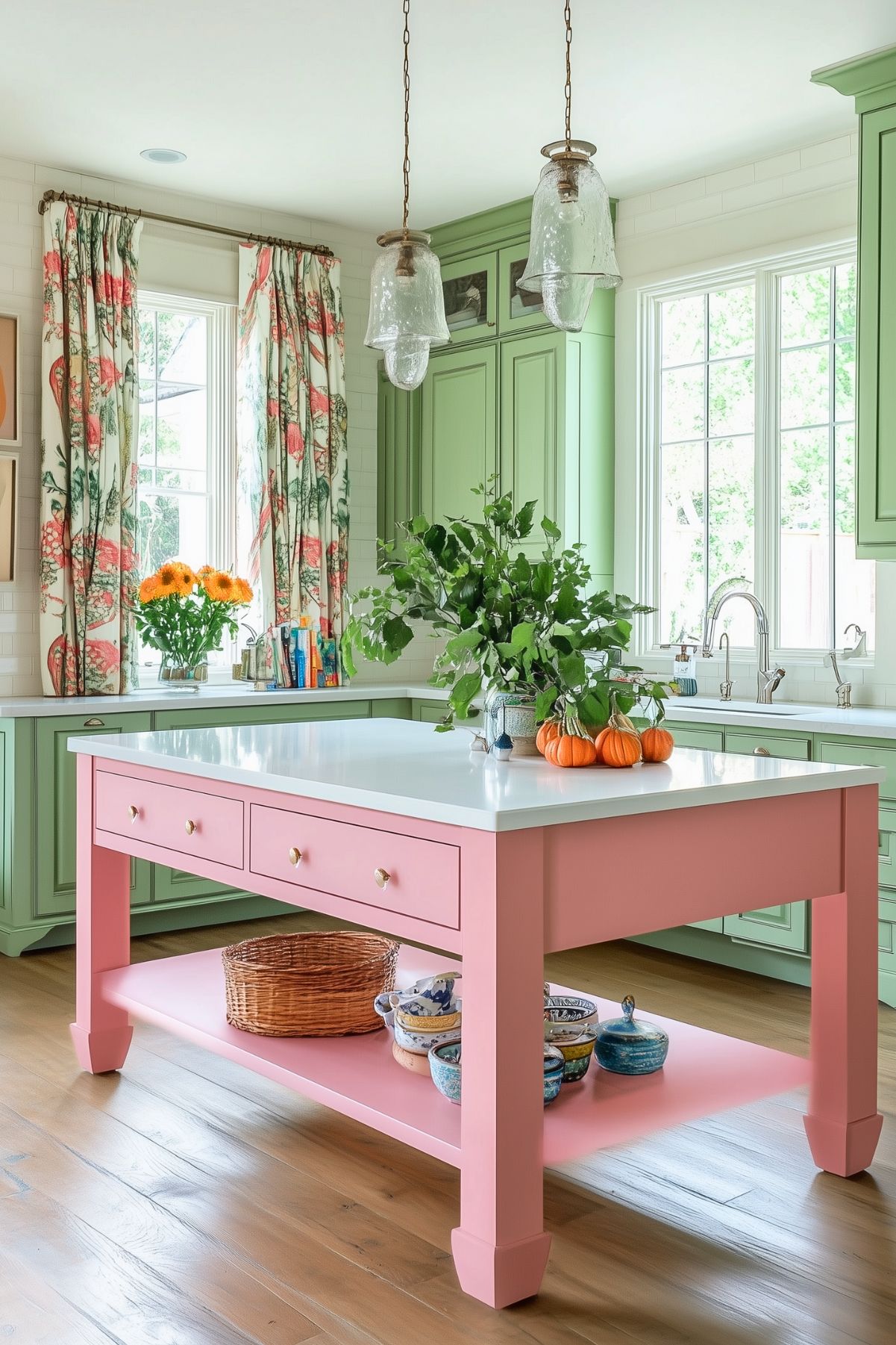 A bright and cheerful kitchen with a mix of soft pastel colors. The center features a large pink island with drawers and a white countertop, adorned with a lush green plant and a small grouping of pumpkins, adding a seasonal touch. The green cabinetry along the walls adds a refreshing and natural vibe, while the floral-patterned curtains in shades of red and green give the room a lively, garden-inspired aesthetic. Two hanging pendant lights with clear, textured glass shades provide a rustic and elegant look. Light wood flooring completes the warm, inviting atmosphere.