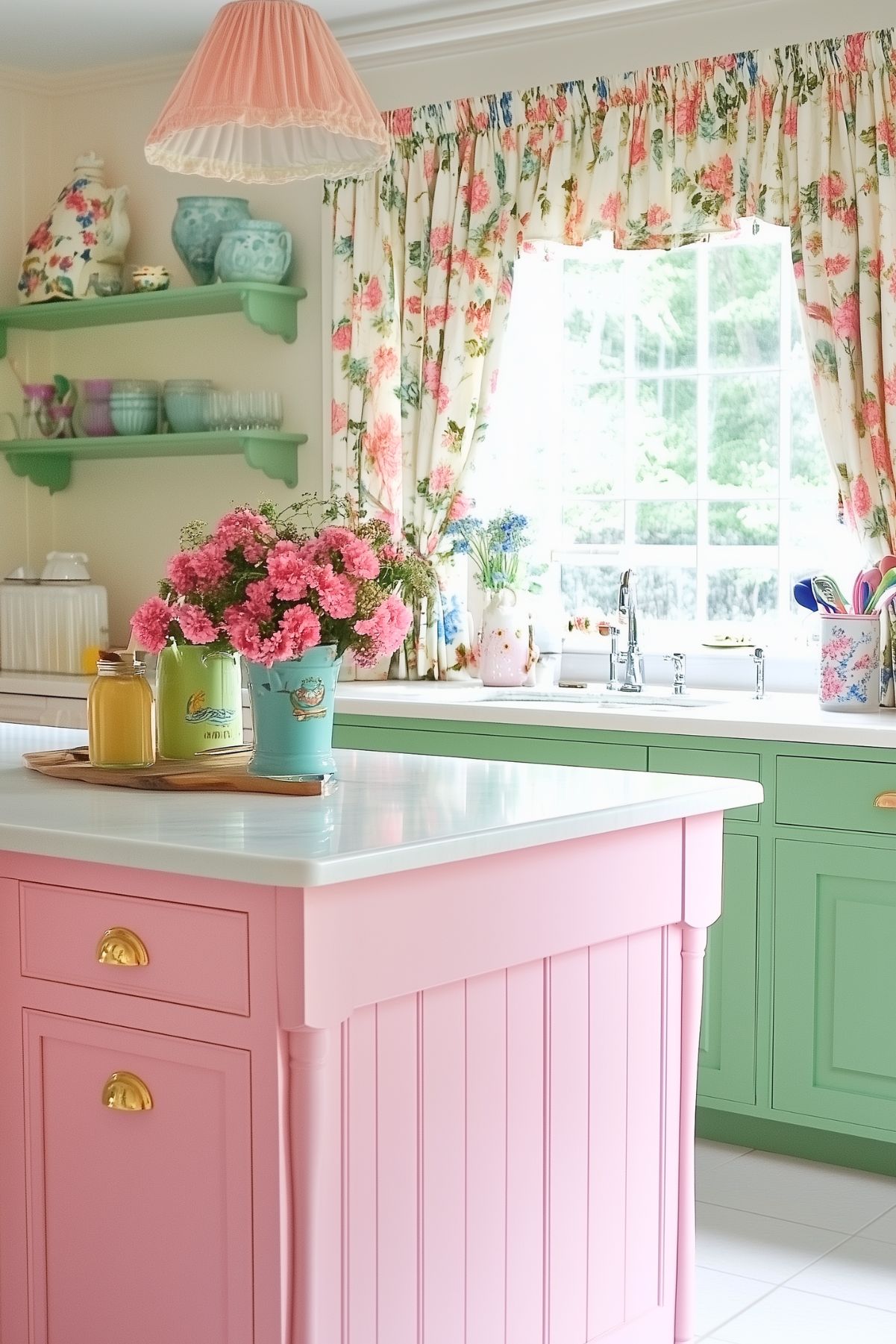 A charming kitchen with a pink island and green cabinets, featuring floral curtains and vintage decor. A pastel vase filled with pink flowers sits on the island, alongside jars of juice. Open shelves display colorful dishware, adding to the cozy, kitschy aesthetic. The large window lets in plenty of natural light, brightening the cheerful space.