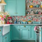 A charming kitschy kitchen featuring teal cabinetry with brass hardware, paired with a bold floral wallpaper in pink and green hues. The countertops are adorned with colorful kitchenware, including a vibrant red stand mixer and a variety of bowls and cups in pastel shades. Open shelving holds neatly arranged dishes, complementing the playful, eclectic style. A white farmhouse sink contrasts with the teal cabinets, while a bright pink rug adds a fun pop of color on the wooden floor, tying the space together with a cozy, vintage feel.