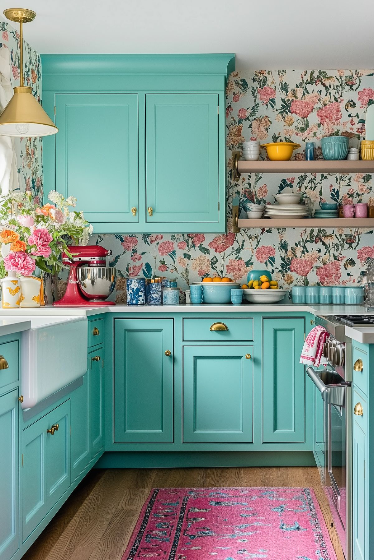 A charming kitschy kitchen featuring teal cabinetry with brass hardware, paired with a bold floral wallpaper in pink and green hues. The countertops are adorned with colorful kitchenware, including a vibrant red stand mixer and a variety of bowls and cups in pastel shades. Open shelving holds neatly arranged dishes, complementing the playful, eclectic style. A white farmhouse sink contrasts with the teal cabinets, while a bright pink rug adds a fun pop of color on the wooden floor, tying the space together with a cozy, vintage feel.