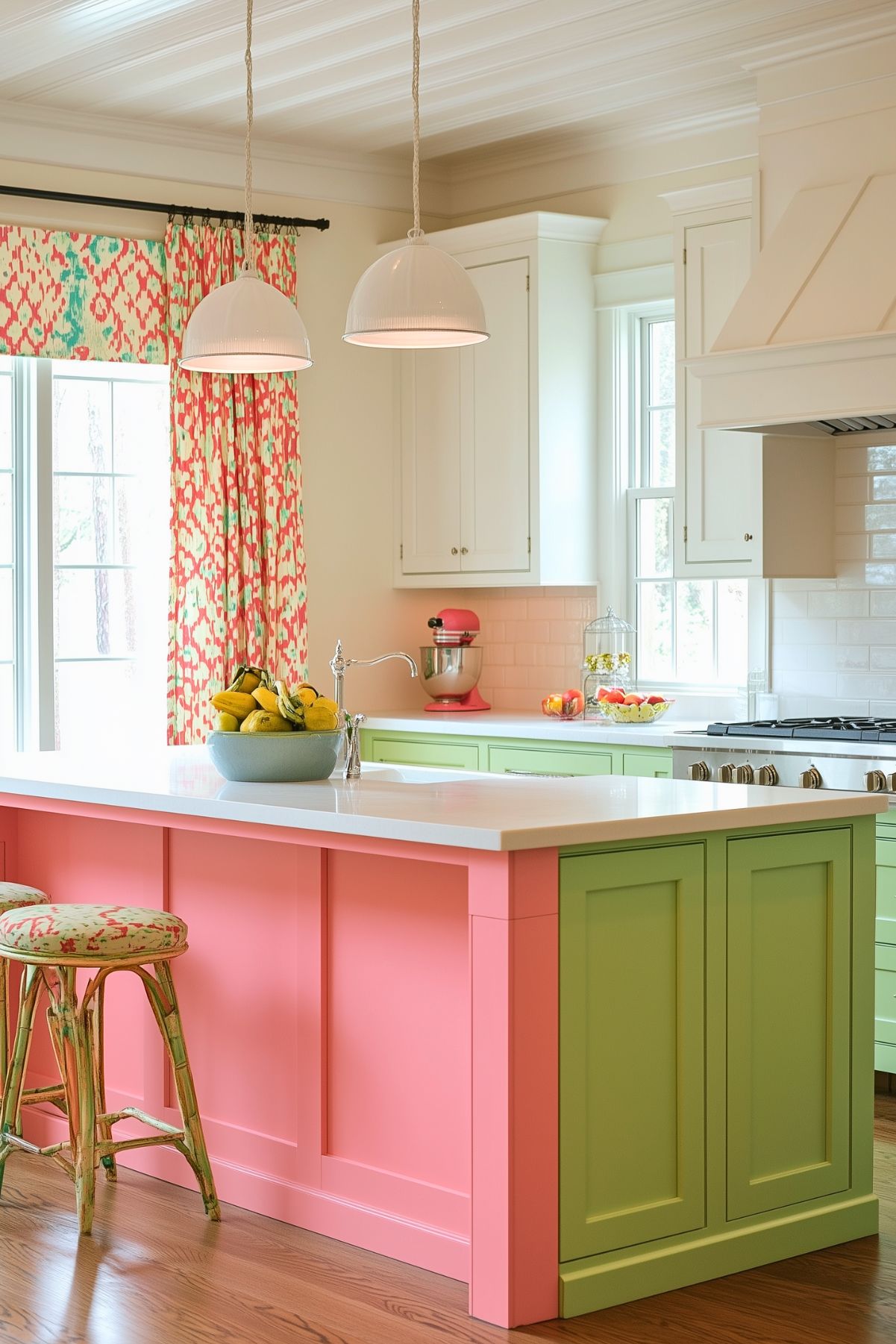 A cheerful kitchen featuring a two-toned island with pink and green cabinetry, topped with a white countertop. The island is paired with patterned barstools, and a bowl of fresh lemons sits as a centerpiece. The space is brightened by white pendant lights and colorful curtains in a bold, red-and-green pattern. The surrounding white cabinetry and pale green lower cabinets enhance the playful, vibrant atmosphere of the room, while a pink stand mixer adds a kitschy touch to the countertop.