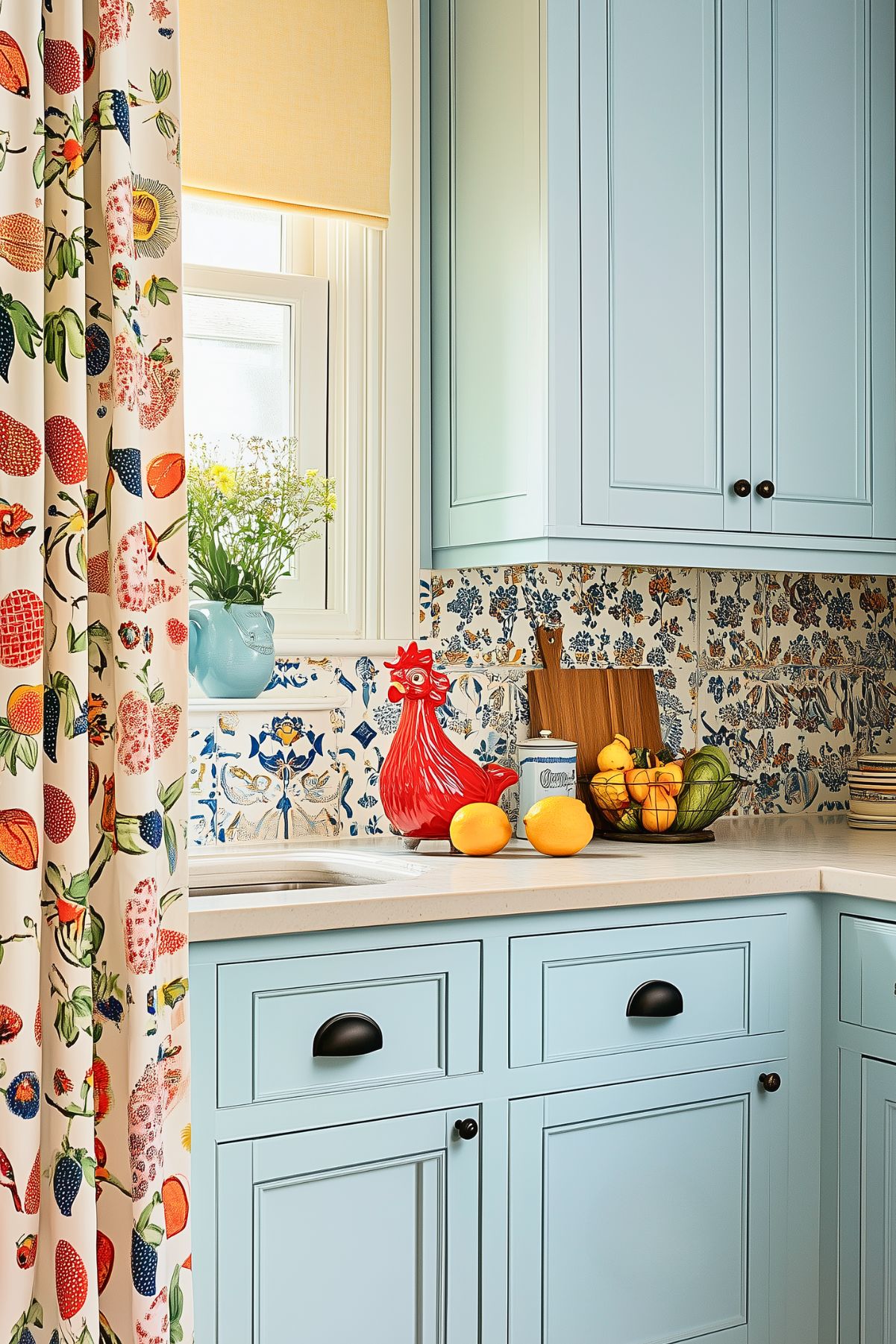 A colorful kitchen corner with soft blue cabinets and a beige countertop. The backsplash features intricate blue floral tiles that add charm and character to the space. A vibrant red rooster-shaped utensil holder sits on the counter next to a basket of citrus fruits and a vintage-style canister. The space is brightened by natural light from the window, adorned with a yellow roller shade. A floral curtain with fruit patterns adds a whimsical touch, complementing the cheerful, lively aesthetic of the kitchen.