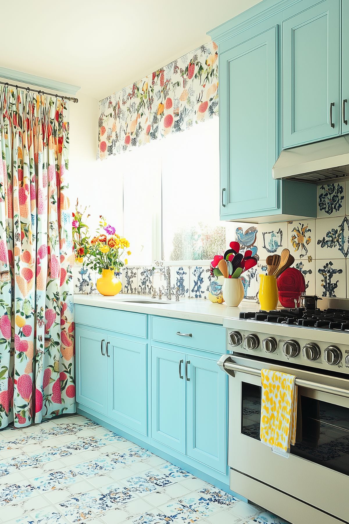 A bright kitchen with light blue cabinets, colorful fruit-patterned curtains, and blue floral tiles as a backsplash. A yellow vase filled with fresh flowers sits on the counter, adding a cheerful touch. The patterned floor tiles match the playful aesthetic, and the stainless steel stove adds a modern element to the kitschy space.