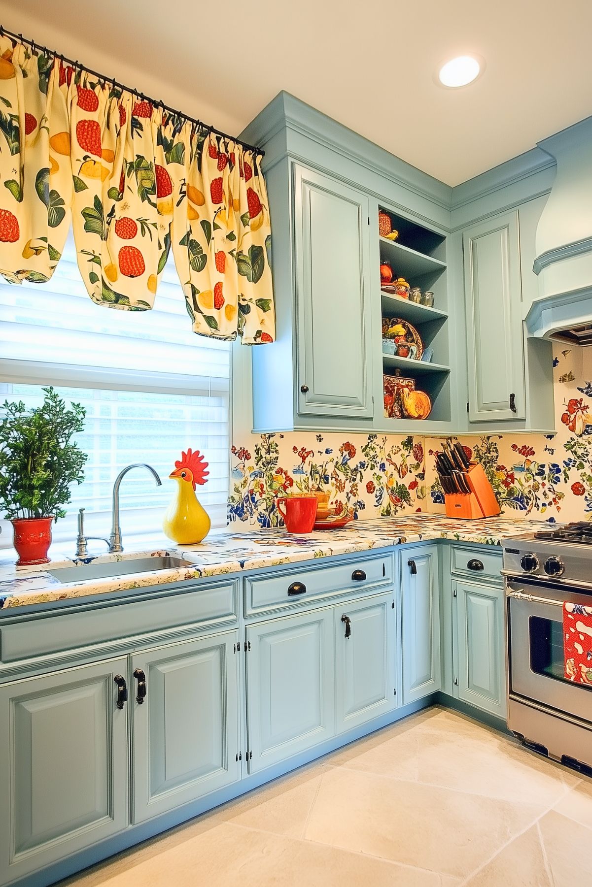 A colorful, vintage-inspired kitchen with light blue cabinetry and floral-patterned countertops and backsplash. The window is dressed with fruit-themed curtains, adding a playful touch to the space. A bright yellow rooster-shaped container sits on the counter near the sink, surrounded by cheerful kitchen accessories. Open shelving holds various decorative items, while the stainless steel stove completes the cozy, kitschy design. The overall atmosphere is lively and inviting, filled with vibrant colors and retro charm.