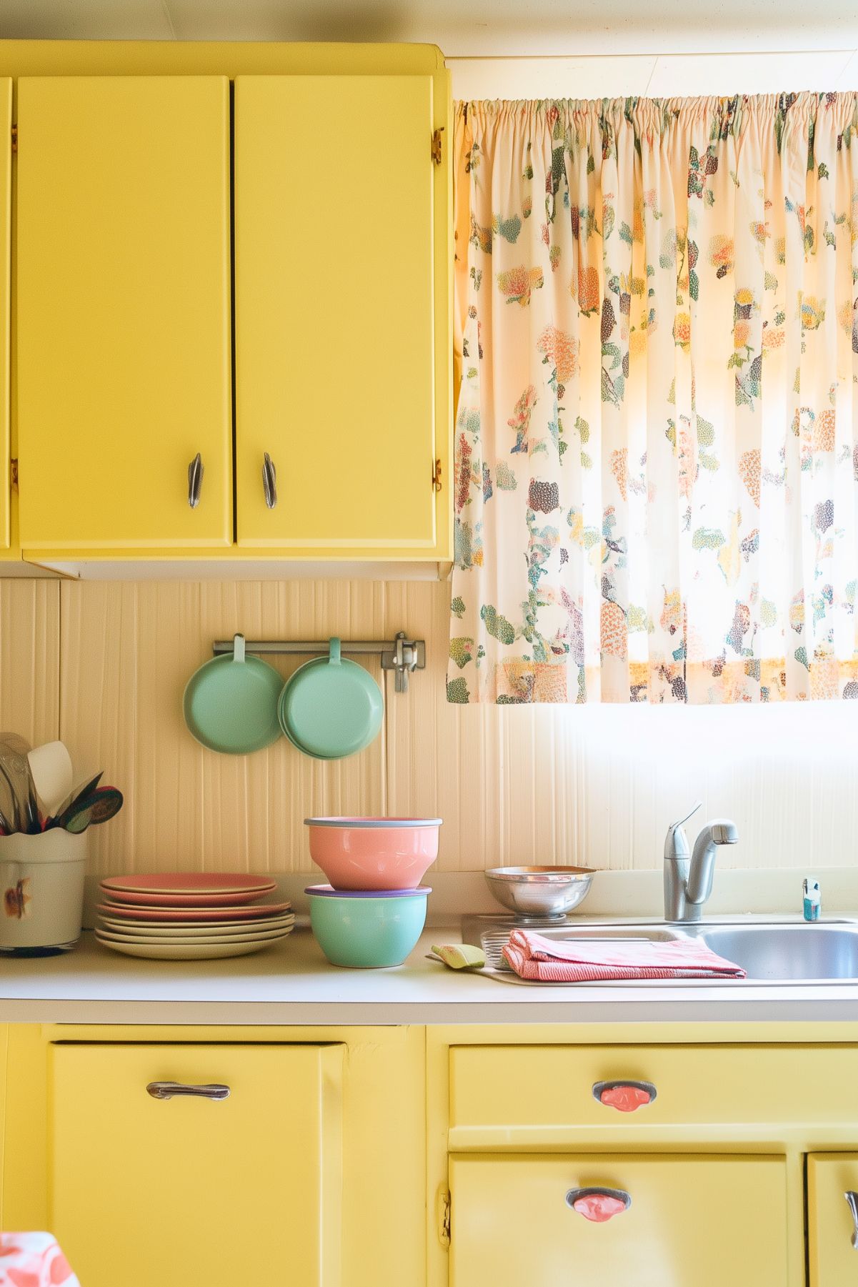 A cheerful kitchen with bright yellow cabinets and floral curtains. The countertop displays pastel-colored dishes and bowls in pink and teal. Two small teal pans hang on the wall, adding to the playful, retro vibe. The soft natural light brightens the vintage-inspired space, creating a warm and inviting atmosphere.