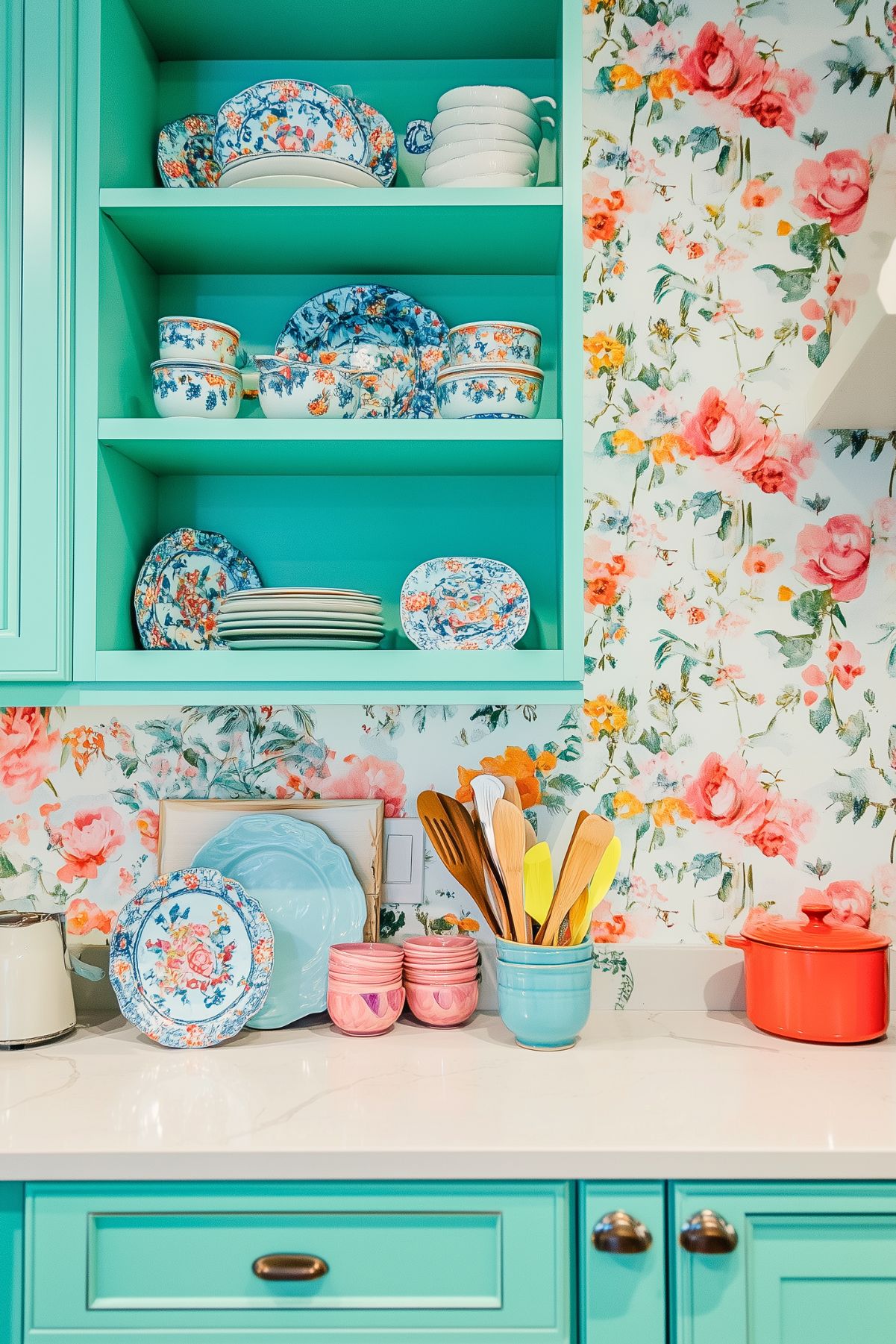 A vibrant kitchen with teal cabinets and floral wallpaper, creating a lively and playful atmosphere. The open shelving displays floral-patterned plates and bowls, while the countertop holds colorful cups, plates, and wooden utensils in a teal container. A red pot adds a pop of color to the counter. The floral wallpaper complements the dishware, tying the room together with its bold and cheerful design. The space exudes a fun, retro charm with its bright colors and whimsical details.