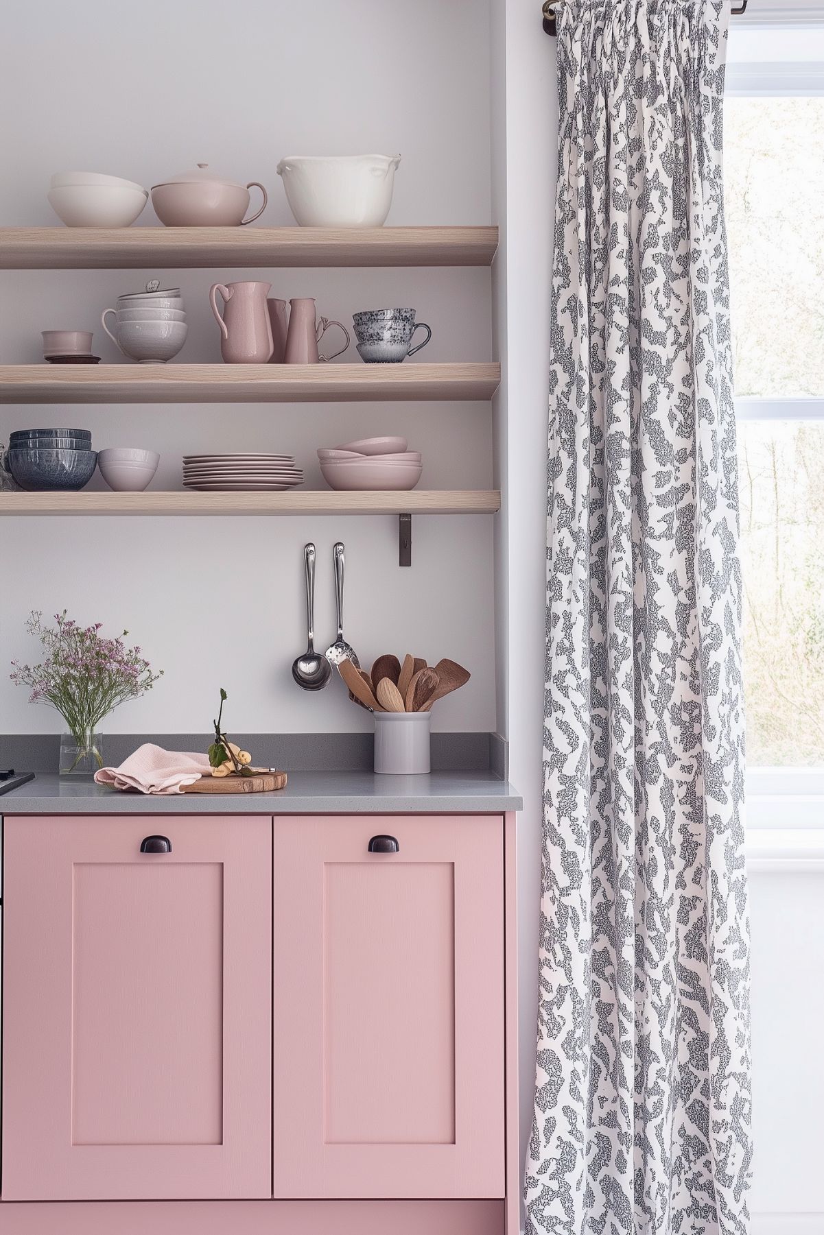 A minimalist kitchen featuring soft pink cabinetry and light gray countertops. Open wooden shelves display a neatly arranged collection of pastel and neutral-colored dishware. A vase with delicate flowers and a cutting board with a cloth add a simple, decorative touch to the counter. The large window is dressed with patterned white and gray curtains, allowing natural light to brighten the space. The overall design is clean, modern, and subtle, with a soft, feminine color palette.