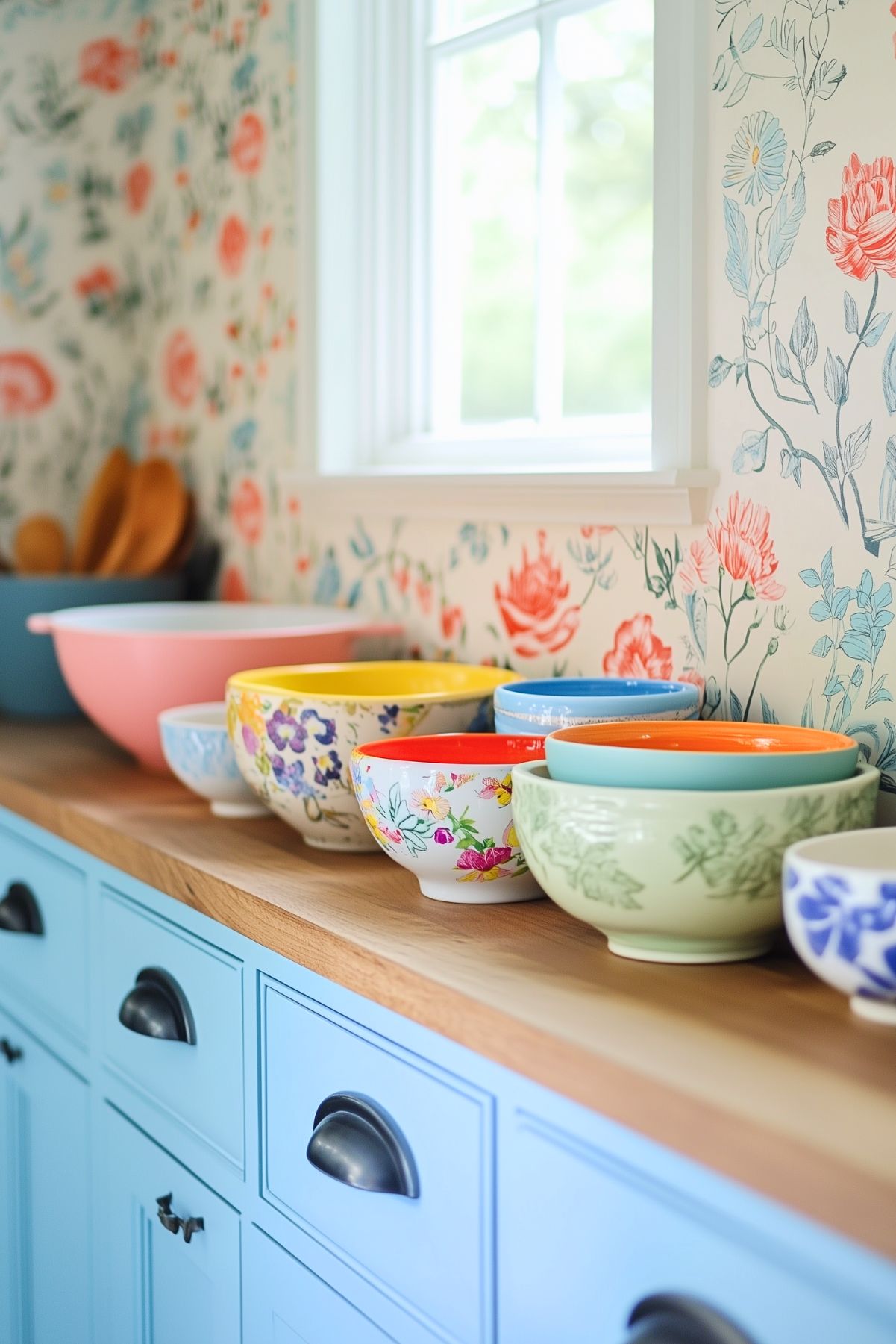 A charming kitchen vignette featuring a collection of colorful bowls arranged on a light wooden countertop. The bowls display a mix of floral patterns and vibrant solid colors, adding a playful touch to the space. The soft blue cabinetry below features black cup handles, complementing the wooden counter. The backdrop includes whimsical floral wallpaper in shades of coral, blue, and green, adding a cohesive and lively feel to the scene. Natural light filters in through a nearby window, brightening the cozy corner.