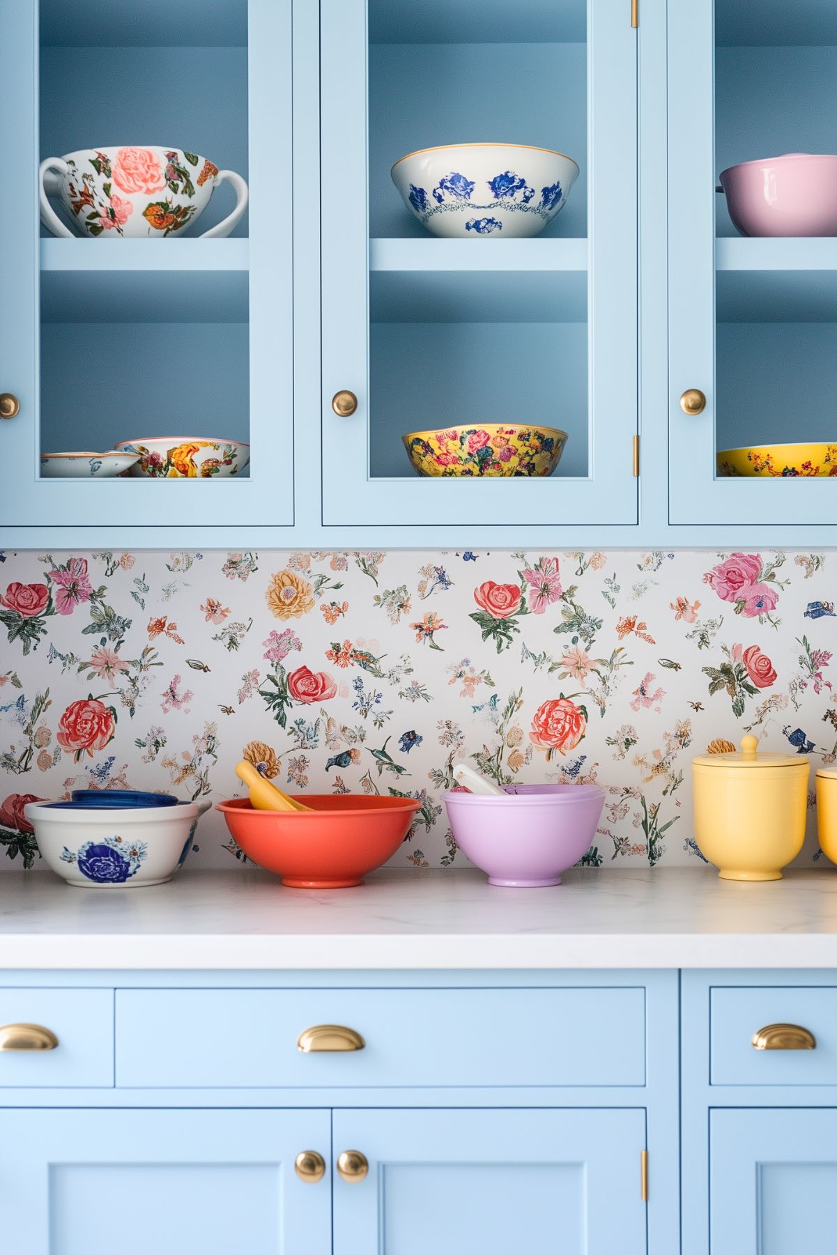 A charming kitchen with pastel blue cabinetry and floral wallpaper backsplash. Open cabinets display colorful, floral-patterned bowls and dishware. The countertop is adorned with vibrant bowls in shades of orange, purple, yellow, and blue, adding a playful and kitschy touch to the space. Brass handles on the cabinets enhance the vintage aesthetic, creating a cheerful, retro-inspired kitchen scene.